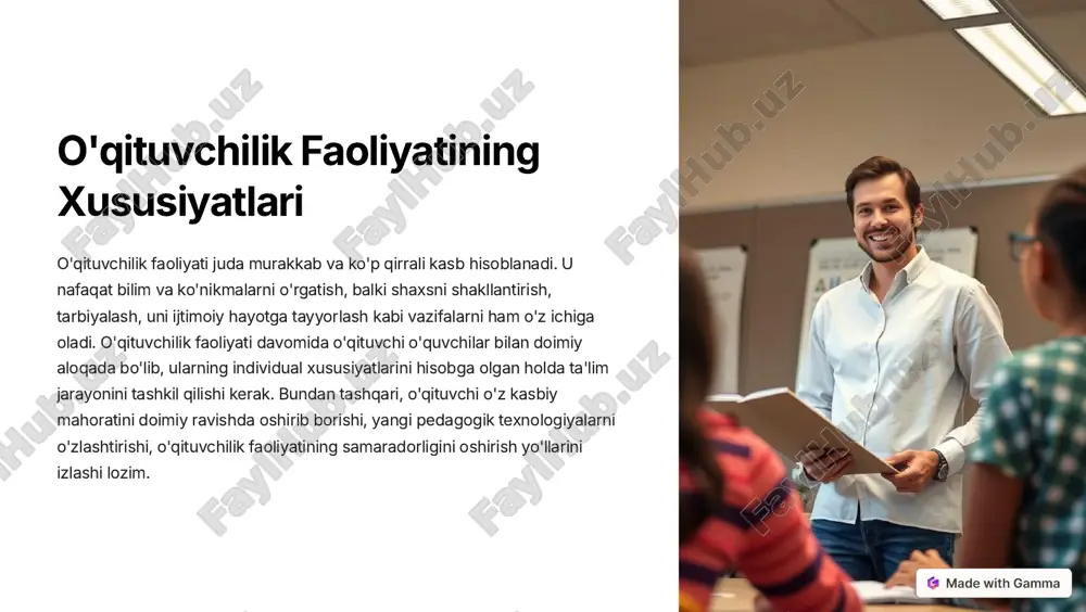 chilik faoliyatining samaradorligini oshirishga imkon beradi. o'qituvchilarning kasb malakasini yuksaltirish uchun turli xil usullar qo'llanilishi mumkin, jumladan: malaka oshirish kurslariga qatnashish seminarlar va konferensiyalarda ishtirok etish pedagogik jurnallar va kitoblarni o'qish o'zaro tajriba almashish https://gamma.app/?utm_source=made-with-gamma o'qituvchi kasbiy o'sish yo'llari o'qituvchi kasbiy o'sish yo'llari turlicha bo'lishi mumkin. o'qituvchilar o'z bilimlarini oshirish, malaka oshirish, ilmiy darajalar olish, pedagogik mahoratini oshirish, yangi pedagogik texnologiyalarni o'zlashtirish va boshqa yo'llar bilan o'z kasbiy o'sishini ta'minlashi mumkin. o'qituvchilarni ilmiy darajalar olishga rag'batlantirish va ularga sharoit yaratish o'qituvchilarga pedagogik faoliyatining turli sohalarida o'z tajribalarini oshirish imkoniyatini berish o'qituvchilarning kasbiy o'sishini ta'minlash uchun zarur shart-sharoitlarni yaratish https://gamma.app/?utm_source=made-with-gamma o'qituvchining ijtimoiy-iqtisodiy huquqlari o'qituvchilar, boshqa har qanday mehnat faoliyati bilan shug'ullanadigan shaxslar singari, o'zlarining ijtimoiy-iqtisodiy huquqlariga ega bo'lishi kerak. ushbu huquqlar ularning mehnat sharoitlarini yaxshilash, hayot darajasini oshirish va o'zlarini hurmat qilishlarini ta'minlashga qaratilgan. o'qituvchilarning asosiy ijtimoiy-iqtisodiy huquqlari quyidagilarni o'z ichiga oladi: munosib maosh olish mehnat shartnomasi bilan ishga olinish dam …