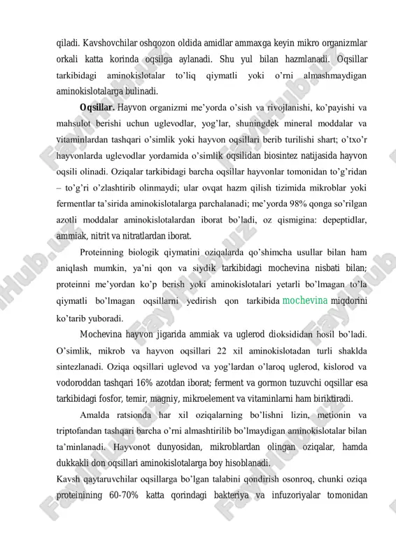 n amidlar tashqil https://hemis.tdau.uz/teacher/subject-topic-info?id=502370&code=393409 https://hemis.tdau.uz/teacher/subject-topic-info?id=502370&code=393409 qiladi. kavshovchilar oshqozon oldida amidlar ammaxga keyin mikro organizmlar orkali katta korinda oqsilga aylanadi. shu yul bilan hazmlanadi. oqsillar tarkibidagi aminokislotalar to’liq qiymatli yoki o’rni almashmaydigan aminokislotalarga bulinadi. oqsillar. hayvon organizmi me’yorda o’sish va rivojlanishi, ko’payishi va mahsulot berishi uchun uglevodlar, yog’lar, shuningdek mineral moddalar va vitaminlardan tashqari o’simlik yoki hayvon oqsillari berib turilishi shart; o’txo’r hayvonlarda uglevodlar yordamida o’simlik oqsilidan biosintez natijasida hayvon oqsili olinadi. oziqalar tarkibidagi barcha oqsillar hayvonlar tomonidan to’g’ridan – to’g’ri o’zlashtirib olinmaydi; ular ovqat hazm qilish tizimida mikroblar yoki fermentlar ta’sirida aminokislotalarga parchalanadi; me’yorda 98% qonga so’rilgan azotli moddalar aminokislotalardan iborat bo’ladi, oz qismigina: depeptidlar, ammiak, nitrit va nitratlardan iborat. proteinning biologik qiymatini oziqalarda qo’shimcha usullar bilan ham aniqlash mumkin, ya’ni qon va siydik tarkibidagi mochevina nisbati bilan; proteinni me’yordan ko’p berish yoki aminokislotalari yetarli bo’lmagan to’la qiymatli bo’lmagan oqsillarni yedirish qon tarkibida mochevina miqdorini ko’tarib yuboradi. mochevina hayvon jigarida …