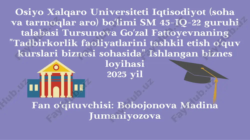 emas raqobatchilar mavjud imkoniyatlar qo‘shimcha xizmatlar kiritish ijtimoiy tarmoqlarda keng reklama tahdidlar yangi raqobatchilar paydo bo‘lishi o‘quvchilar sonining kamayishi swot analiz rivojlanish strategiyasiijtimoiy tarmoqlarda reklama berish (instagram, telegram). sinov darslarini tashkil qilish. talabalarga moslashtirilgan o‘quv dasturlarini ishlab chiqish. bepul maslahat darslarini tashkil etish orqali mijozlarni jalb qilish. kurslar qatoriga it, marketing va boshqa zamonaviy yo‘nalishlarni qo‘shish. turli tildagi kurslarni sifatli o‘quv materiallari bilan ta’minlash. bino ijarasi o'qituvchilar oyligi elektroenergiya o'qituvchilar oyligi 56.9% bino ijarasi 36.5% elektroenergiya 6.6% xarajatlar tarkibi (oylik) va yillik moliyaviy ko'rsatkichlar yillik daromad yillik xarajatlar yillik foyda yillik daromad 50% yillik xarajatlar 25.2% yillik foyda 24.8% o'quvchilar soni bo'yicha daromad taqsimoti: ingliz tili kursi (30 o‘quvchi): 108 000 000 so‘m rus tili kursi (30 o‘quvchi): 108 000 000 so‘m nemis tili kursi (30 o‘quvchi): 108 000 000 so‘m gitara kursi (30 o‘quvchi): 108 000 000 so‘m xulosa o‘quv kurslarini tashkil etish foydali loyiha bo‘lib, sof yillik 130 …