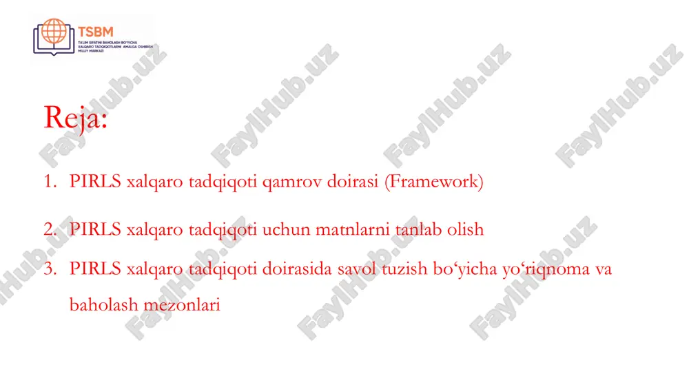 ‘qishlari uchun ayrim cheklovlar qo‘yadi, chunki o‘quvchilar butun matnnni o‘qib chiqib, u asosida berilgan savollarga javob berishlari talab etiladi. pirls tadqiqotida matnlarning murakkabligidan kelib chiqib, odatda ularning hajmi 500 tadan 800 tagacha so‘zdan iborat bo‘lishi kerak. shunga qaramasdan, matn hajmi o‘zgarishi ham mumkin, chunki matnning boshqa jihatlari ham o‘quvchilarning o‘qib tushunish darajasiga ta’sir ko‘rsatadi. xalqaro tadqiqot doirasida qo‘llaniladigan matnlarni saralab olishda ishtirokchi mamlakatlarning o‘ziga xos jihatlariga alohida e’tibor qaratiladi. bundan ko‘zlangan asosiy maqsad topshiriqlarda beriladigan matnlarning barcha ishtirokchi mamlakatlar uchun mos bo‘lishini ta’minlashdan iborat. oʻqishdan koʻzlangan maqsadlar - agar berilgan matn badiiy matn sifatida tasniflansa, shu maqsadga muvofiq boʻlgan savollar tuzing. - agar berilgan matn ma’lumot beruvchi (axborot) matn sifatida tasniflansa, shunday savol turini tuzing. - savollarni tuzishda matn maqsadidan kelib chiqib, yondashing, chunki oʻqishdan koʻzlangan maqsad har doim ham muayyan matn turi bilan mos kelavermaydi. tushunish jarayoni badiiy va ma’lumot berish maqsadlari jihatidan pirls dasturi toʻrt turdagi tushunish jarayonini …