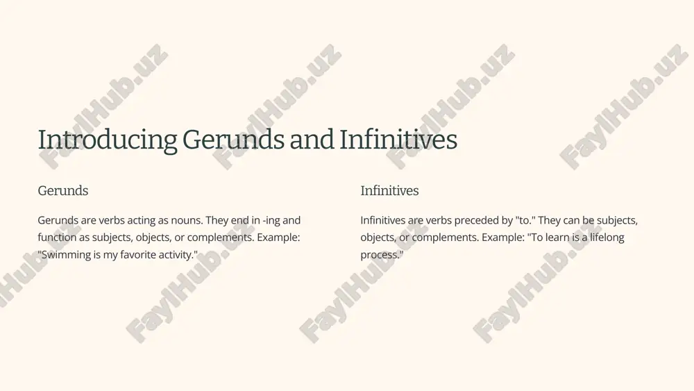 purposes, or future intentions. common mistakes and how to avoid them 1 subject-verb agreement ensure the verb agrees with the gerund or infinitive as the subject. 2 prepositional phrases remember to use gerunds after prepositions. 3 verb choice some verbs require a specific form - gerund or infinitive. recap and key takeaways 1 gerunds and infinitives they are verbs with different functions. 2 understand the difference gerunds: noun function, infinitives: verb function 3 practice mastering them takes practice! image1.png image2.png image3.png image4.png image5.png image6.png image7.png image8.png image9.png image10.png image11.png image12.png image13.png image14.png image15.png