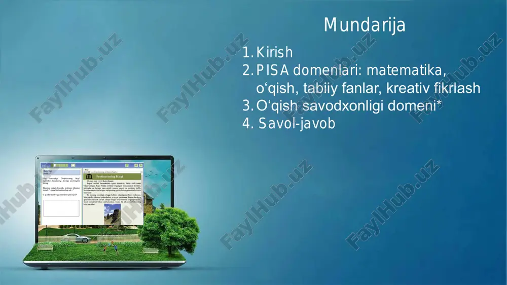 g asosiy maqsadlariga erishishdagi muvaffaqiyatlarini kuzatish imkonini beradi. ❖ pisa 2018 tadqiqotida 37 ta oecd mamlakati va 42 ishtirokchi mamlakat va iqtisodiyot ishtirok etgan bo‘lsa, tadqiqotning 2022 yildagi siklida ushbu raqamlar yanada oshgan. bu o‘z navbatida tadqiqotning mamalakatlarning ta’lim sohasi uchun naqadar ahamiyatli ekanligini anglatadi. pisa testi ❖ 2015 va 2018-yillarda bo‘lgani kabi 2022-yilda ham pisa tadqiqoti asosan kompyuter shaklida o‘tkaziladi. tadqiqotni kompyuterda o‘tkazmaslikni tanlagan mamlakatlar uchun qog‘oz shaklida o‘tkazish taqdim etilgan bo‘lib, unda yangi ishlab chiqilgan topshiriqlar o‘rin olmaydi. chunki so‘nggi ishlab chiqilayotgan topshiriqlar faqat kompyuter asosidagi tadqiqot uchun mo‘ljallangan. tadqiqotni komyuter shaklida o‘tkazish ko‘plab imkoniyatlarni yaratadi. ❖ tadqiqotda o‘quvchilar matematika, o‘qish, tabiiy fanlar va kreativ fikrlash domenlaridagi turli savollardan iborat klasterlar bilan ishlaydilar. buning uchun ularga umumiy 2 soat vaqt beriladi. o‘quvchilar ushbu topshiriqlarni bajarib bo‘lganlaridan so‘ng qisqa tanaffusdan so‘ng so‘rovnoma o‘tkaziladi. barcha jarayonlar kompyuter yordamida amalga oshiriladi. ❖ tadqiqotda maktab o‘quvchilari bilan bir qatorda maktab direktorlari ham …