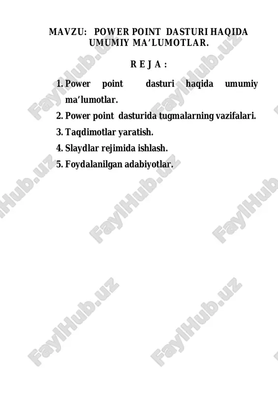 mkin. dasturdagi asosiy tushunchalar bu slayd va prezentatsiya tushunchalaridir. prezentatsiya (taqdimot) – yaratilayotgan slaydlar turkumi va uni namoyish etish uchun beriladigan fayl nomi. masalan: prezentatsiya 1 - powerpoint dasturi ochilganda, sarlavhalar qatorida paydo bo’lib, yaratilayotgan taqdimotning ayni vaqtdagi nomi hisoblanadi. bu nomni keyinchalik o’z xoxishingizga ko’ra almashtirishingiz mumkin. powerpoint dasturini ishga tushirish. bu dasturni ishga tushirishni windows ish stolidan quyidagi buyruqlarni bajarish orqali dastur ishga tushiriladi. «pusk» - «programmi» - «microsoft powerpoint» eslatma: yuqoridagi buyruqlarni bajarish sichqonchaning chap tugmachasini bosish orqali amalga oshiriladi. powerpoint ishga tushirilganda ekranda quyidagi rasmlar ko’rsatilgan taqdimot yaratish muloqot darchisini ko’rish mumkin. bu muloqot darchasi orqali taqdimot yaratish turini tanlab olish mumkin. yuqoridagi rasmda 4 ta asosiy bo’lim berilgan, ularning har biri haqida qisqacha to’xtalib o’tamiz. · «master avtosoderjaniya» (avtomundarija ustasi) – ma’ruzachi ismi, familiyasi, mavzu nomi, taqdimot turi, uslubi, rangli chizmasini kiritib, bir necha slayddan iborat bo’lgan tayyor taqdimotni chiqaradi. · «shablon prizentatsii» (taqdimot qoliplari) …
