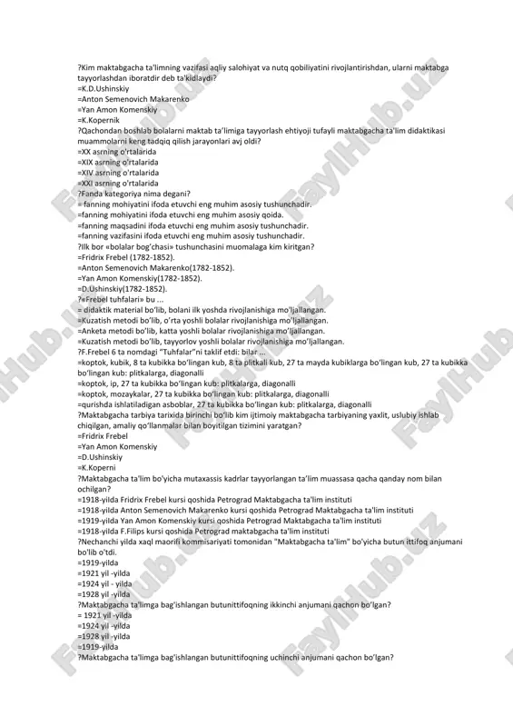 menskiy =k.d.ushinskiy =yan amon komenskiy =k.kopernik ?kim maktabgacha ta'limning vazifasi aqliy salohiyat va nutq qobiliyatini rivojlantirishdan, ularni maktabga tayyorlashdan iboratdir deb ta'kidlaydi? =k.d.ushinskiy =anton semenovich makarenko =yan amon komenskiy =k.kopernik ?qachondan boshlab bolalarni maktab ta’limiga tayyorlash ehtiyoji tufayli maktabgacha ta'lim didaktikasi muammolarni keng tadqiq qilish jarayonlari avj oldi? =xx asrning o'rtalarida =xix asrning o'rtalarida =xiv asrning o'rtalarida =xxi asrning o'rtalarida ?fanda kategoriya nima degani? = fanning mohiyatini ifoda etuvchi eng muhim asosiy tushunchadir. =fanning mohiyatini ifoda etuvchi eng muhim asosiy qoida. =fanning maqsadini ifoda etuvchi eng muhim asosiy tushunchadir. =fanning vazifasini ifoda etuvchi eng muhim asosiy tushunchadir. ?ilk bor «bolalar bog’chasi» tushunchasini muomalaga kim kiritgan? =fridrix frebel (1782-1852). =anton semenovich makarenko(1782-1852). =yan amon komenskiy(1782-1852). =d.ushinskiy(1782-1852). ?«frebel tuhfalari» bu ... = didaktik material bo‘lib, bolani ilk yoshda rivojlanishiga mo'ljallangan. =kuzatish metodi bo’lib, o’rta yoshli bolalar rivojlanishiga mo’ljallangan. =anketa metodi bo’lib, katta yoshli bolalar rivojlanishiga mo’ljallangan. =kuzatish metodi bo’lib, tayyorlov yoshli bolalar …