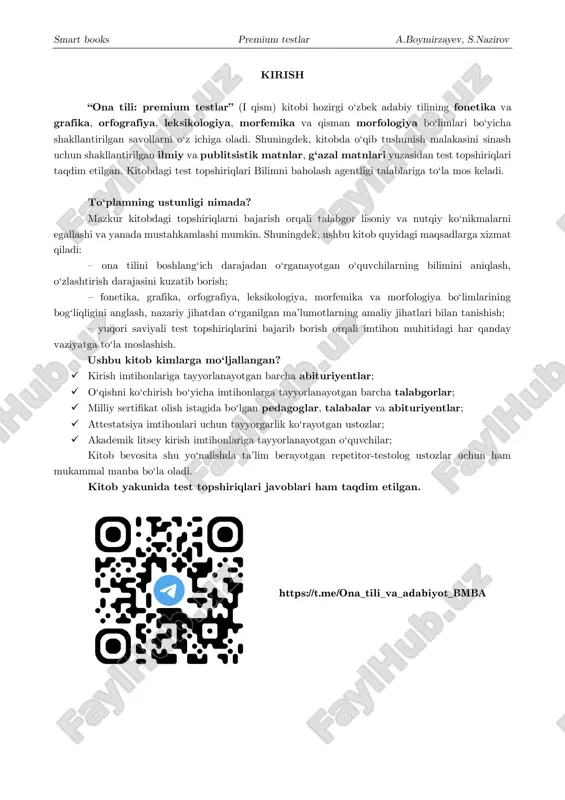 oks premium testlar a.boymirzayev, s.nazirov mundarija til bo‘limlari va mavzulari i. fonetika va grafika 6-bet undosh va unli tovushlar tasnifi, bo‘g‘in va urg‘u hodisasi, tovush o‘zgarishlari (fonetik hodisa) ii. orfografiya (imlo) 30-bet so‘zlarning to‘g‘ri yozilishi, undosh va unli tovushlar imlosi, qo‘shib yoki ajratib yozish imlosi, chiziqcha bilan yozish imlosi, bosh harflar imlosi, iii. leksikologiya so‘zlarning o‘z va ko‘chma ma’nosi 61-bet so‘zlarning shakl va ma’no munosabati 86-bet frazeologiya. turg‘un birikmalar 128-bet iv. morfemika 135-bet asos va qo‘shimchalar, qo‘shimchalar tasnifi, qo‘shimchalarni qo‘llash uslubiyati v. fe’l so‘z turkumi 181-bet harakat va holat fe’llari, o‘timli va o‘timsiz fe’llar, fe’llarning tuzilishi, yasalishi va ko‘makchi fe’llar, fe’llarning lug‘aviy va sintaktik shakllari vi. ilmiy va publitsistik matn testlari 232-bet ilmiy va publitsistik matnlar bo‘yicha namunaviy testlar vii. g‘azal matni testlari 250-bet g‘azal matnlari bo‘yicha namunaviy testlar vii. javoblar kaliti 270-bet smart books premium testlar a.boymirzayev, s.nazirov fonetika va grafika 1. quyidagi gap haqida to‘g‘ri hukm(lar)ni aniqlang. yomonlik …