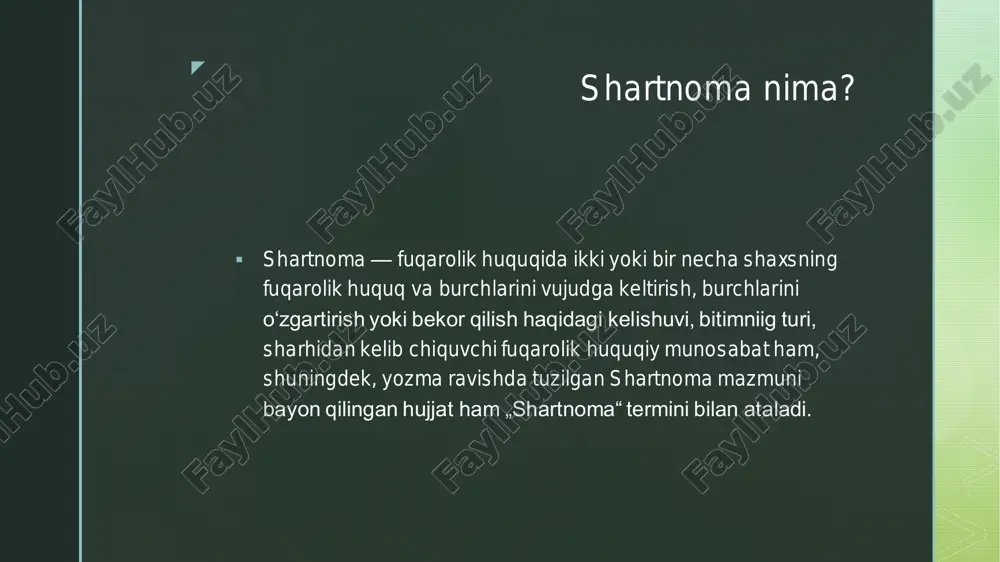 'rtasida belgilangan muddat davomida mehnat munosabatlarini o'rnatish, odatda bir xil mehnat shartnomasida aks etadi ish yoki xizmat ko'rsatish shartnomasi, tugash sanasi noma'lum bo'lgan hollarda qo'llaniladi va shuning uchun biron bir kishi ma'lum bir "ish" ga yollanadi, va buning oxirida ish to'xtatiladi (albatta har doim ogohlantirish bilan). z shartnomaning boshqa turlari o'qitish va shogirdlik shartnomasini amalga oshirish uchun bir qator talablar bajarilishi kerak. bu o'qitishni va ish tajribasi bilan birlashtiradi. amaliyot shartnomasi u kishi ish joyida tajriba orttiradi va olgan bilimlarini amaliy sohada qanday qo'llashni biladi the end slide 1: shartnoma slide 2: shartnoma nima? slide 3 slide 4 slide 5: shartnoma turlari slide 6: muddatsiz shartnoma slide 7: vaqtinchalik shartnoma slide 8: shartnomaning boshqa turlari slide 9