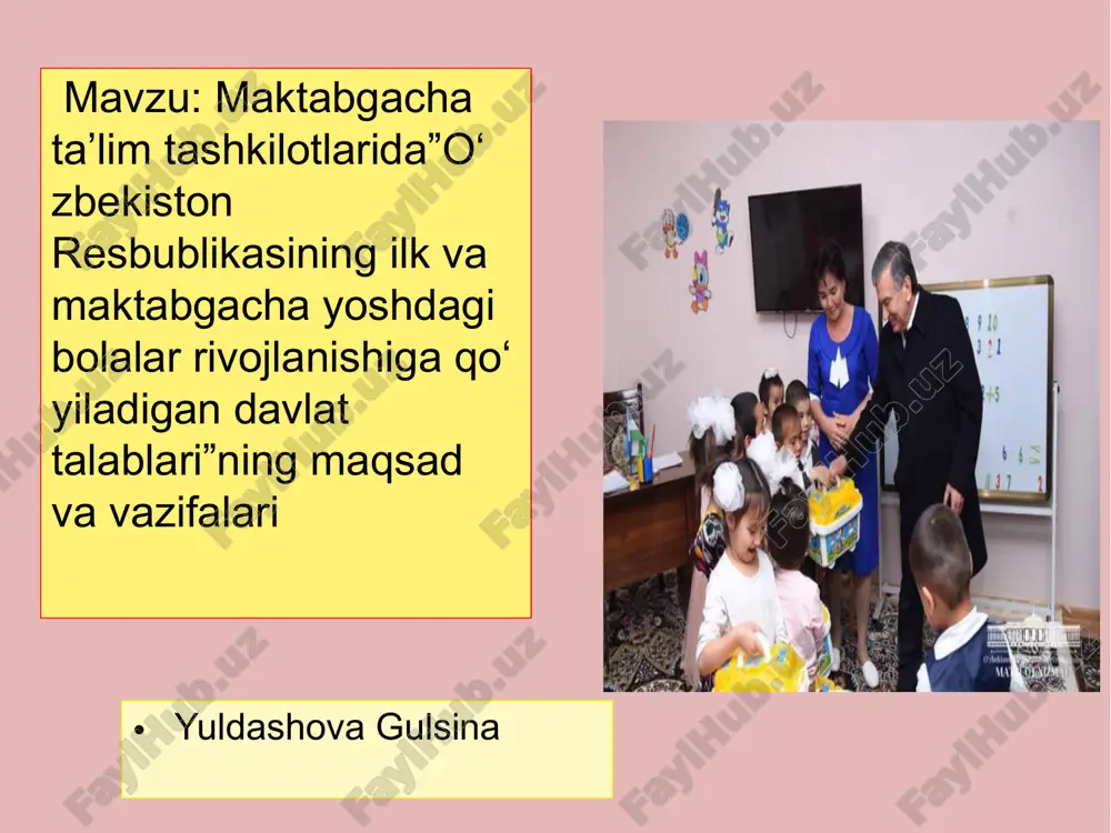 lablardan (kutilayotgan rivojlanish ko‘rsatkichlaridan) iborat. davlat talablari bolaning quyidagi rivojlanish sohalari bo‘yicha belgilanadi: jismoniy rivojlanish va sog‘lom turmush tarzining shakllanishi; ijtimoiy-hissiy rivojlanish; nutq, muloqot, o‘qish va yozish malakalari; bilish jarayonini rivojlanishi; ijodiy rivojlanish. davlat talablarining tarkibi davlat talablari quyidagi tamoyillar asosida tatbiq etiladi: bolaning noyobligi; “men” konsepsiyasi va shaxsiy ta’limini yaratishda bolaning faol roli; bolaning huquqlarini himoya qilish va ta’minlashning muhimligi; bola ta’limi va rivojlanishida kattalarning asosiy roli; bolalar rivojlanishida individual farqlanishlar mavjudligi sababli, har bir bolaga moslashuvchan bo‘lib, individual variativlik asosida yondashish. oʻzbekiston respublikasi hukumati ilk va maktabgacha yoshdagi bolalarni yaxshi sifatdagi maktabgacha taʼlim bilan qamrab olishni kengaytirish maqsadlarida mamlakatda maktabgacha taʼlimni rivojlantirish boʻyicha besh yillik davlat dasturini va yo ʻl xaritasini ishlab chiqdi.maktabgacha yoshdagi bolalarga ta`lim-tarbiya berishning asosiy asosiy vazifalari bolalarni jismoniy, aqliy va ma`naviy jihatdan rivojlantirishdan, ularning tug`ma layoqati, qiziqishi, ehtiyoji va imkoniyatlarini hisobga olgan holda, milliy va umuminsoniy qadriyatlar asosida muntazam ta`lim olishga (maktabga) tayyorlashdan iborat.