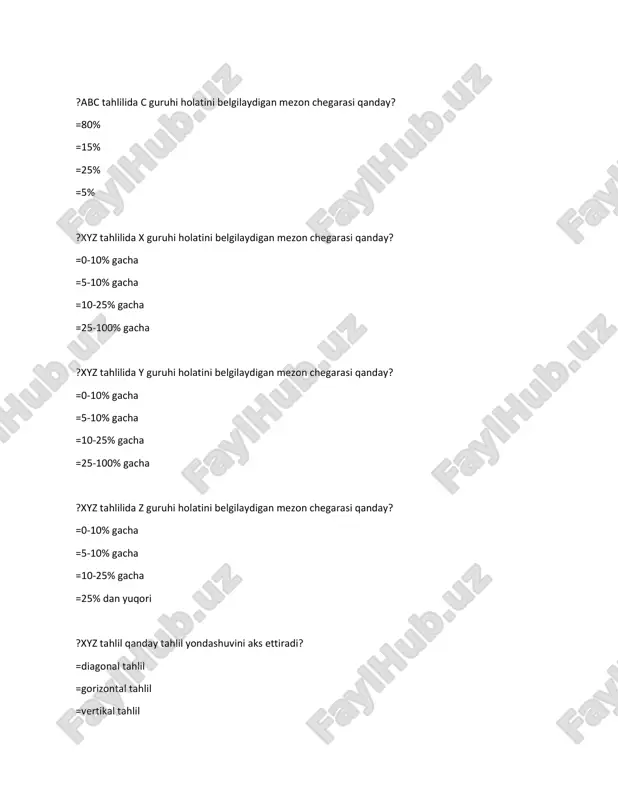 uzlar =sog’in sigirlar =qiyin bolalar ?bcg tahlilida past o‘sish sur‘ati va yuqori bozor ulushiga ega bo‘lgan kvadrant qanday nomlanadi? =itlar =yulduzlar =sog’in sigirlar =qiyin bolalar ?bcg tahlilida yuqori o‘sish sur‘ati va past bozor ulushiga ega bo‘lgan kvadrant qanday nomlanadi? =itlar =yulduzlar =sog’in sigirlar =qiyin bolalar ?bcg tahlilida past o‘sish sur‘ati va past bozor ulushiga ega bo‘lgan kvadrant qanday nomlanadi? =itlar =yulduzlar =sog’in sigirlar =qiyin bolalar ?bcg tahlilida qanday ko‘rsatkichlarni belgilab olish kerak? =korxonaning foydasi =korxonaning foyda o‘sish sur’ati =korxonaning zarari =korxonaning zarari o‘sish sur’ati ?qaysi tahlil marketingning makro muhitini tahlili uchun qulay hisoblanadi? =pest =bcg =swot =nps ?qaysi tahlil marketingning mikro muhitini tahlili uchun qulay hisoblanadi? =swot =bcg =pest =nps ?swot tahlilida s guruhida qanday omillar o‘rganiladi? =korxonaning kuchli jihatlari =korxonaning kuchsiz jihatlari =korxonaning imkoniyatlari =korxonaning xavf-xatarlari ?swot tahlilida w guruhida qanday omillar o‘rganiladi? =korxonaning kuchli jihatlari =korxonaning kuchsiz jihatlari =korxonaning imkoniyatlari =korxonaning xavf-xatarlari ?swot tahlilida o guruhida qanday omillar …