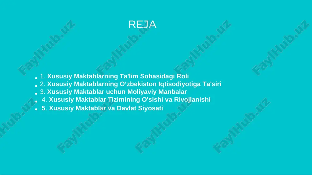 korxonalar va fondlardan xayriya va grantlar olish imkoniyatiga ega. investitsiyalar:ba'zi xususiy maktablar investitsiyalarni jalb qiladi, bu ularga zamonaviy jihozlar, infratuzilma va oʻquv dasturlarini rivojlantirishga imkon beradi. 3. xususiy maktablar uchun moliyaviy manbalar xususiy maktablar asosan o'z o'quvchilarining o'quv haqidan, homiylikdan va davlatdan oladigan subsidiyalardan moliyalanadi: o'quv haqlari: ko'pgina xususiy maktablar o'z xizmatlari uchun o'quvchilardan haq oladi. ushbu to'lovlar maktabning moliyaviy barqarorligini ta'minlashda muhim o'rin tutadi. homiylik va investitsiyalar: ba'zi maktablar homiylar yoki investorlar orqali moliyalashtiriladi. davlat subsidiyalari: ayrim xususiy maktablar davlatdan qo'shimcha moliyaviy yordam olishlari mumkin 4. xususiy maktablar tizimining o'sishi va rivojlanishi o'zbekistonda xususiy maktablar tizimi so'nggi yillarda sezilarli darajada o'sdi: raqobatning kuchayishi: o'zbekiston bozorida xususiy maktablar ko'payib borayotganligi sababli, raqobat kuchaymoqda. bu ta'lim sifatini oshirishga undaydi. yangi yondashuvlar va texnologiyalar: xususiy maktablar o'zlarining ta'lim jarayonlarini samarali va innovatsion usullar bilan tashkil etishga harakat qilishadi (onlayn ta'lim, digital ta'lim vositalari) 5. xususiy maktablarning kengayishi va kelajagi xususiy maktablar o'zbekistonning …