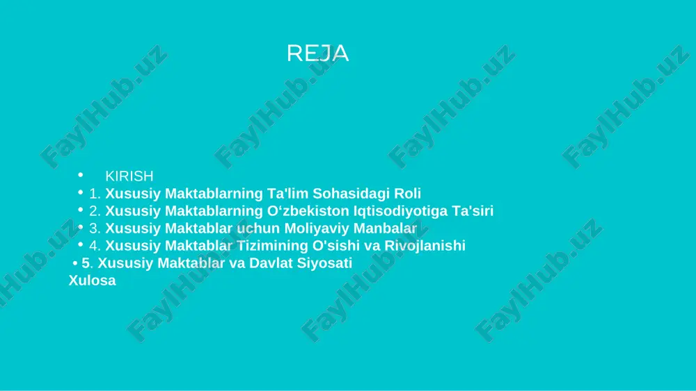 xonalar va fondlardan xayriya va grantlar olish imkoniyatiga ega. investitsiyalar:ba'zi xususiy maktablar investitsiyalarni jalb qiladi, bu ularga zamonaviy jihozlar, infratuzilma va oʻquv dasturlarini rivojlantirishga imkon beradi. 3. xususiy maktablar uchun moliyaviy manbalar xususiy maktablar asosan o'z o'quvchilarining o'quv haqidan, homiylikdan va davlatdan oladigan subsidiyalardan moliyalanadi: o'quv haqlari: ko'pgina xususiy maktablar o'z xizmatlari uchun o'quvchilardan haq oladi. ushbu to'lovlar maktabning moliyaviy barqarorligini ta'minlashda muhim o'rin tutadi. homiylik va investitsiyalar: ba'zi maktablar homiylar yoki investorlar orqali moliyalashtiriladi. davlat subsidiyalari: ayrim xususiy maktablar davlatdan qo'shimcha moliyaviy yordam olishlari mumkin 4. xususiy maktablar tizimining o'sishi va rivojlanishi o'zbekistonda xususiy maktablar tizimi so'nggi yillarda sezilarli darajada o'sdi: raqobatning kuchayishi: o'zbekiston bozorida xususiy maktablar ko'payib borayotganligi sababli, raqobat kuchaymoqda. bu ta'lim sifatini oshirishga undaydi. yangi yondashuvlar va texnologiyalar: xususiy maktablar o'zlarining ta'lim jarayonlarini samarali va innovatsion usullar bilan tashkil etishga harakat qilishadi (onlayn ta'lim, digital ta'lim vositalari) 5. xususiy maktablarning kengayishi va kelajagi xususiy maktablar o'zbekistonning …