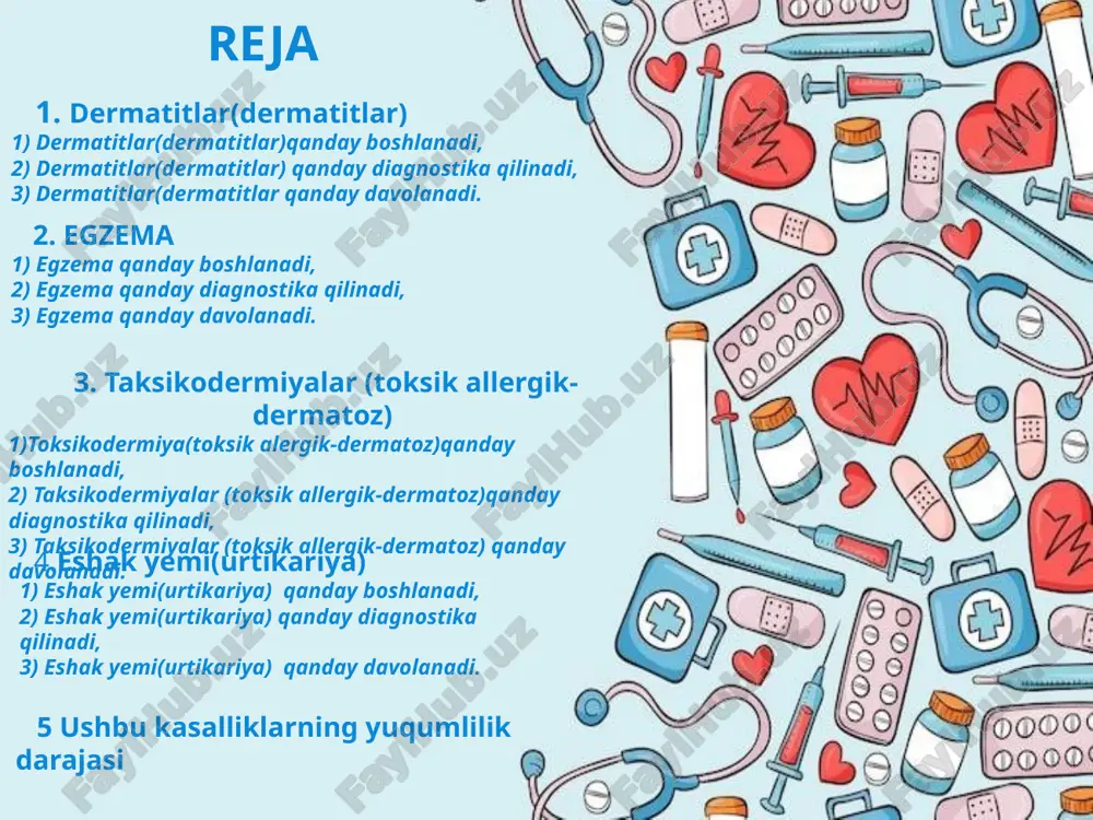 ar yoki dermatolog nazorati ostida boshqa immunomodulyatorlar. *infeksiya alomatlari paydo bo‘lsa (sivuvchi, isitma) — antibiotiklar. oldini olish: *nozik sovunlardan foydalanish, ko‘p nemlantirish, allergenlardan/irritantlardan saqlanish. qachon shifokorga murojaat qilish: * tez-tez qaytalanadigan yoki keng tarqalgan, juda qichishadigan yoki infektsiyalanish belgilar (pus, isitma, tez yomonlashish) paydo bo‘lsa. egzema (odatda atopic dermatitis deb ham ataladi) — batafsil *ta’rif: surunkali, qaytalanuvchi yallig‘lanishli teri kasalligi. ko‘pincha bolalikda boshlanadi, ammo har qanday yoshda bo‘lishi mumkin. sabablar va omillar: genetik predispozitsiya (oilaviy atopiya — allergiyalar, bronxial astma bilan bog‘liq bo‘lishi mumkin). teri to‘siqining buzilishi (tera namligini saqlay olmasligi). allergiyalar (oziq-ovqat, chang, hayvon), stress va atrof-muhit faktorlar. klinik belgilar quruq, juda qichiydigan joylar; bolalarda yuz, bosh terisi, tirsak ichki yuzasi va tizza orqasida; kattalarda yuz va qo‘llarda ham ko‘p uchraydi. qayta-qayta yallig‘lanib, yoriq, infeksiyalanish mumkin. tashxis: klinika asosida; kerak bo‘lsa allergiya testlari (ter yoki qon), dermatologik konsultatsiya. davolash va boshqaruv: *kunlik terini nemlantirish — emollientlar (asosiy) va oz-ozdan …