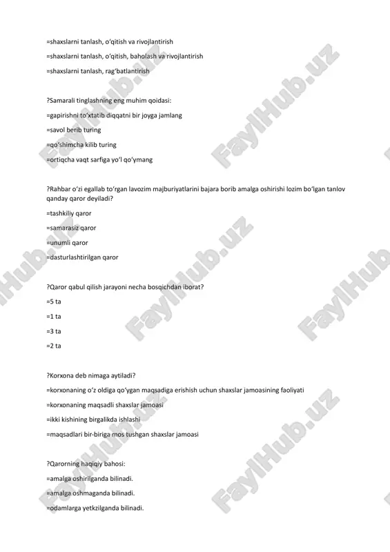linadi. =odamlarga yetkzilganda bilinadi. =fikr tug‘ilganda bilinadi. ?umumiy strategiya bilan muvofiqlashtirilgan aniq boshqaruv harakatiga =taktika deyiladi =mo‘ljal deyiladi =marketing deyiladi =oriyentir deyiladi ?qaror qabul qilish muhiti: =aniqlik, tavakkal, noaniqlik. =ochik, yopiq =oddiy va o‘rta =sodda va murakkab. ?tashkilot maqsadlariga va o‘z maqsadlariga yetishish uchun o‘zini va boshqalarni qiziqtirish: =rag‘batlantirish. =rejalashtirish. =tashkil etish. =muvofiqlashtirish ?menejment deganda nimani tushunasiz? =menejment-bu tashkilotlardagi mavjud texnologik zanjirni muvofiq harakatini amalga oshirishdir. =menejment-bu iqtisodiy masalalar bilan shug‘ullanishdir. =menejment-bu odamlar mehnatidan foydalanishr. =menejment-bu chet ellardagi korxonalar faoliyatini boshqarish. ?zamonaviy boshqaruvning vatani: =amerika =angliya =germaniya =italiya ?rejalashtirish qanday savollarga javob berishi kerak? =hozir qanday xolatdamiz? qaysi tomonga qarab harakatlanamiz? qanday harakat qilish kerak? =korxonani qanday muhitga joylashtirish kerak? =ta’minotchilar bilan qanday aloqa qilish lozim? =bozor iqtisodiyoti sharoitida holatimiz qanday bo‘lishi kerak? ?biznes-reja bu … =korxona (firma)ning rivojlanish strategiyasini belgilab beruvchi asosiy hujjatdir =asosan ishlab chiqarish bo‘limining rejasidir =asosan marketing bo‘limining rejasidir =asosan moliyaviy rejadir ?boshqarish nuqtai nazaridan muqobil …