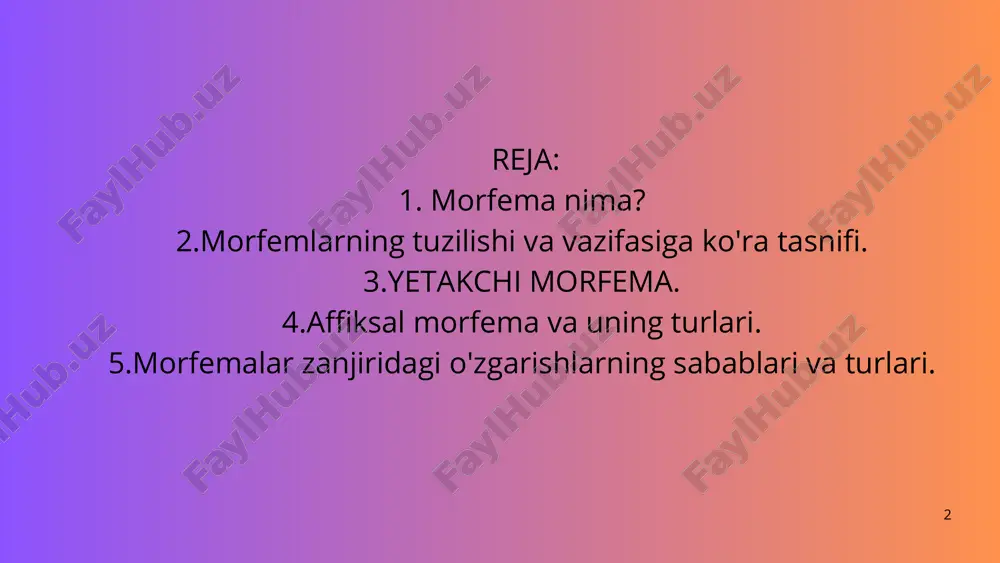 i qo'shimchasi so'z o'rtasida qo'llanadi 10 qo'shimchalar vazifasiga ko'ra ikki turga bo'linadi: a) so'z yasovchi qo'shimchalar. b) shakl yasovchi qo'shimchalar. so'zlarga qo'shimcha qo'shilganda yangi ma'no hosil qiladigan morfemalar so'z yasovchi qo'shimchalar deyiladi. masalan: paxta+kor=paxtakor, gul+don=guldon so'zlarni turli grammatik shakllari va o'zaro bog'lashga xizmat qiladigan morfemalar shakl yasovchi qo'shimchalar deyiladi. 11 shakl yasovchi qo'shimchalar o'z ichiga quyidagi turlarga bo'linadi: 1.lug'aviy shakl yasovchi qo'shimchalar 2.sintaktik shakl yasovchi qo'shimchalar. so'zning turli grammatik shakllarini hosil qilishga xizmat qiladigan morfemalar lug'aviy shakl yasovchi qo'shimchalardir. so'zlarni o'zaro bog'lashga xizmat qiladigan morfemalar sintaktik shakl yasovchi qo'shimchalar hisoblanadi. 12 lug'aviy shakl yasovchi qo'shimchalarga quyidagilar kiradi: 1)otlarga ko'plik qo'shimchasi 2) otlarga kichraytirish va erkalash qo'shimchalari. 3) otlarga qarashlilik qo'shimchasi 4) sifatlarni daraja shakl qo'shimchasi 5) son turlalarini hosil qiluvchi qo'shimchalar 6) fe'llarga nisbat, mayli, zamon qo'shimchalari 13 sintaktik shakl yasovchi qo'shimchalarga quyidagilar kiradi: 1)kelishik qo'shimchalari. 2) eegalik qo'shimchalari. 3) shaxs-son qo'shimchalari. sintaktik shakl yasovchi qo'shimchalar sintaktik munosabat shakllari deb …