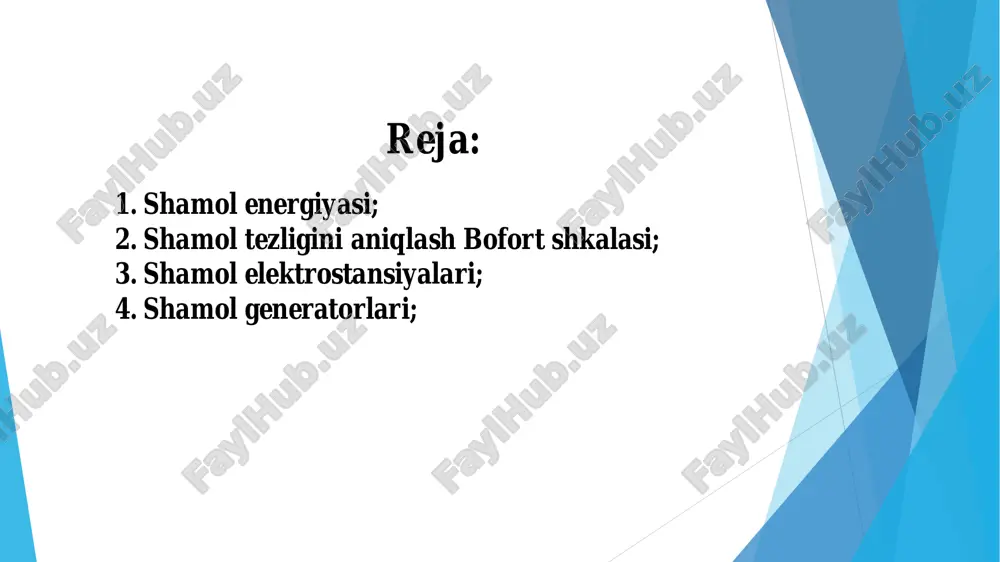 s tezlikda esadigan shamol yordamida maksimal quvvatga ega bo‘ladi. odatda shamol generatorlarining maksimal ishlash tezligi 25-30 m/s ni tashkil qiladi. shamol energetikasi ekalogik toza energiya manbaidir. ammo shamol elektrostansiyalari uchun juda katta hududlar zarur (shamol energetik qurilmalarining bir – biridan uzoqda joylashishi va ular orasidagi masofa ish g‘ildiragi diametrining 6- 18 barobariga teng bo‘lishi kerak). masalan, ish g‘ildiragi d = 100 m bo‘lgan shamol energetik qurilmasi uchun 5-7 km2 hudud kerak. butun boshli shamol elektr stansiyasi uchun esa o‘nlab km2 hudud zarur. boshqa bir noqulay tarafi – ish g‘ildiragi shovqin chiqarib va havoni tebratib ishlashi natijasida tele- va radio eshittirishlarga xalaqit beriladi. shamol energiyasidan foydalanish bo‘yicha germaniya birinchi o‘rnini egallab kelmoqda. bu mamlakatda shamol energiyasini ishlab chiqarish yiliga 500 – 1500 mvt ga ko‘paymoqda, hozirgi vaqtda ishlab chiqariladigan energiya miqdori 2 mln.kvt/soatdan oshib ketdi. bofort shkalasi (ball) ballga mos shamolni holati shamolning tezligi: erdagi predmetlarga shamolning ta’siri m/s km/soat 0 …