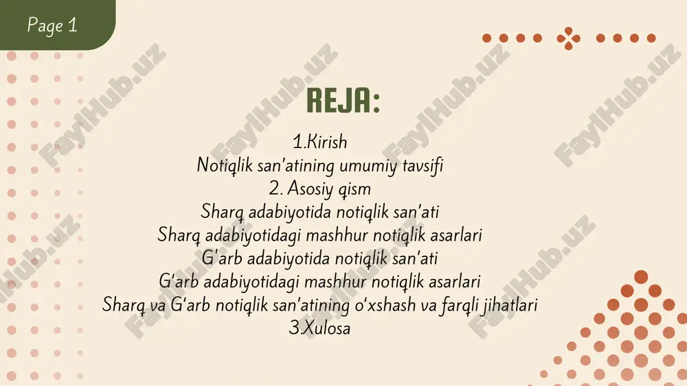 arning ruboiy va hikmatlari xalqlar og‘zaki ijodiga ham singib ketgan alisher navoiy asarlarida notiqlik navoiy ijodida notiqlik uslubi aniq ko‘zga tashlanadi. “mahbub ul-qulub”da ijtimoiy va axloqiy mavzular hikmatli, obrazli va ravon tilda bayon etiladi. u o‘z nutqlarida xalq qalbiga chuqur kiradigan ifodalarni qo‘llagan. page 7 page 8 “qobusnoma”dagi notiqlik unsurlari kaykovus tomonidan yozilgan bu asar o‘g‘ilga atalgan nasihatlar orqali notiqlik san’atining real ko‘rinishlarini beradi. har bir bo‘limda iboratlar chuqur ma’no bilan to‘yingan bo‘lib, unda axloqiy me’yorlar ilgari surilad“guliston” va “bo‘ston”da notiqlik sa’diy sheroziy asarlarida notiqlik qisqa, ammo hikmatli gaplar bilan ifodalanadi. hikoyalar orqali axloqiy saboqlar beriladi. bu asarlar hozirga qadar ham notiqlik maktablarida o‘rganiladii page 9 sharqdagi hikmatlar va maqollar sharq adabiyotida og‘zaki ijod mahsuli bo‘lgan maqollar va hikmatlar notiqlikning asosiy shakli hisoblanadi. ular qisqa bo‘lsa-da, teran ma’no anglatadi. xalq orasida yillar davomida sayqallangan bu iboralar notiqlikda keng qo‘llanilgan. page 10 yunoniston notiqlik maktabi qadimgi yunonistonda sokrat, platon, aristotel kabi …