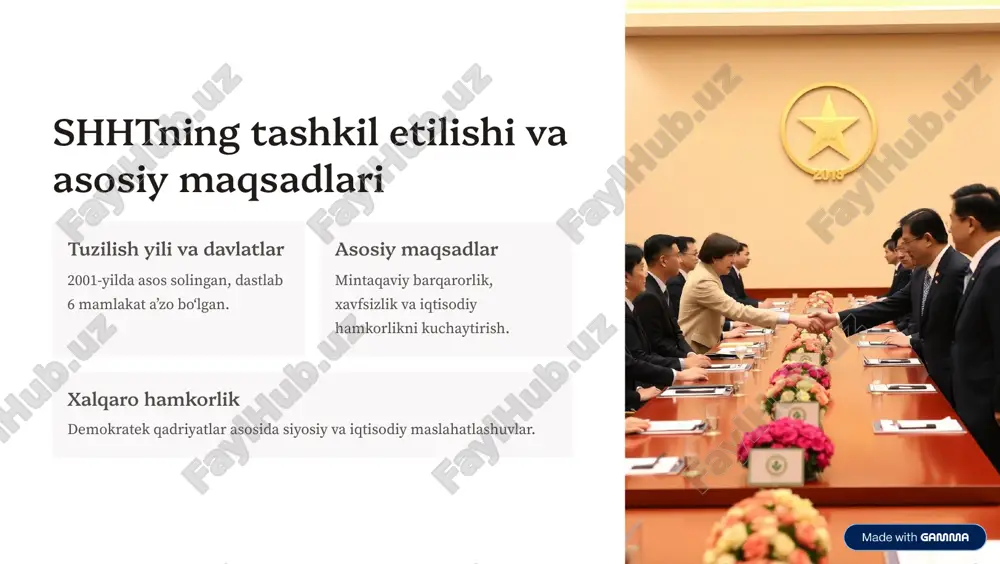 amma shht faoliyatining o'zbekiston uchun ahamiyati xavfsizlikni mustahkamlash terrorizm va narkotrafikka qarshi kurashda kuch birlashmasi. iqtisodiy imkoniyatlar mintaqaviy savdo va investitsiyalarni kengaytirish. madaniy aloqalar hamdo»stlik va birdamlikni oshirishga hissa qo»shadi. https://gamma.app/?utm_source=made-with-gamma xulosa va istiqbollar 1 barqaror mintaqaviy xavfsizlik shht va matt doimiy hamkorlik davomida barqarorlikni ta¾minlaydi. 2 hamkorlikni yanada kuchaytirish davlatlararo aloqalar va siyosiy masalalarda yanada integratsiya. 3 yangi imkoniyatlar yangi iqtisodiy va madaniy loyihalar orqali rivojlanish. https://gamma.app/?utm_source=made-with-gamma