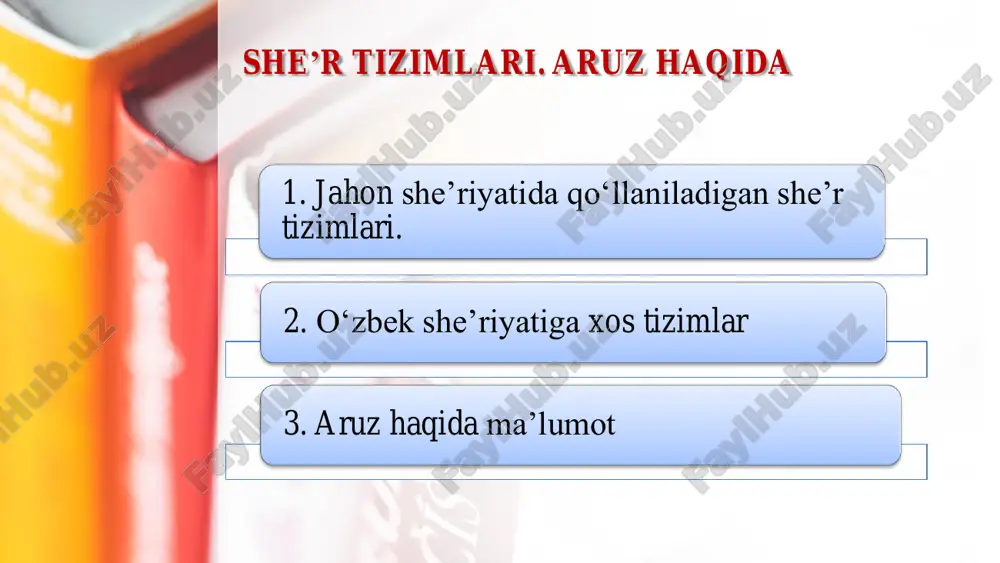ar, shuningdek, qadimgi turkiy xalqlar ijodida dastlab shunday adabiy texnika mavjud ediki, unda nutq ritmik-sintaktik parallelizm asosiga qurilib, ular bo‘g‘in soni jihatidan ko‘pincha teng emas edi. ammo ularda she’r tuzilishi elementlarining eng qadimiysi bo‘lgan so‘z takrorlari bor edi. olimlarning izlanishiga ko‘ra (turkiy xalqlar adabiy ijodida), ritmik- sintaktik parallelizmdan asta-sekin quyidagi besh xususiyat kelib chiqdi: • 1) ritmik-sintaktik parallelizmdan so‘z takrori paydo bo‘ldi; • 2) so‘z takrori va anafora ta’sirida, misralar boshida alliteratsiya (undosh va unli tovush takrori) yuzaga keldi; • 3) misralarning oxiridagi ayrim qo‘shimchalar o‘xshashlik tufayli ohangdosh (qofiya) bo‘la boshladi; • 4) qatorlar bo‘g‘in soni jihatidan o‘zaro yaqinlashib, tenglashdi; • 5) misralarning bitta qofiya uyushtiruvchi, lekin son jihatidan teng bo‘lmagan guruhlanishi (ko‘tarinkiroq ton bilan aytiluvchi alohida uzun jumlalar) paydo bo‘ldi. ummat to‘ychiyev o‘zbek she’r tizimlarini barmoq, aruz, bo‘g‘in-urg‘u, miqdor-urg‘u, qorishiqdan iborat deb ko‘rsatadi. bahodir sarimsoqovning fikricha, barmoq va aruz she’riy tizimlari o‘zbek nazmiga xos ikki yirik vaznlar tizimini tashkil …