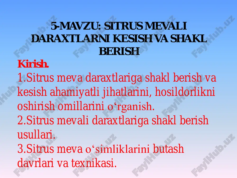 ik xususiyatlari bilan bog'liq. barglar va hosil bo'lgan mevalarning og'irligidan shohlar erga qarab egiladi. bunda shohlarning yuqorigi egilgan qismida uyqudagi kurtaklar (ular tsitruslarda ko'p miqdorda bo'ladi) uyg'onadi. g'ovlovchi novdalardan shoh-shabba shakllantirishda foydalanish mumkin yoki ular tagidan qirqib tashlanadi. limondagi yosh g'ovlovchi novdaning ko'rinishi daraxtlar ancha katta yoshga kirgach sanitar qirqish o'tkaziladi. bunda g'ovlovchi novdalardan tashqari qurigan va kasallangan shohlar ham qirqib tashlanadi. diametri 2 sm dan ortadigan jarohatlar bog' surtmasi bilan suvab qo'yiladi. bundan tashqari, hosilli bog'larda barglari va mevalari faqatgina uchki qismida saqlanib qolgan uzun yalang'och shohlar ham qisqartiriladi. bunday shohlar ko'pincha limonda kuzatiladi. unutmaslik lozimki, kuchli qirqish shoh-shabbaning haddan ziyod qalinlashib ketishiga olib keladi, bu esa hosildorlik va meva sifatini pasaytirib yuboradi. daraxt qarib, uning mahsuldorligi pasaya boshlasa kuchli (yoshartiruvchi) qirqish o'tkaziladi. bunday qirqishdan keyin hosil bo'ladigan g'ovlovchi novdalardan shoh- shabbani shakllantirishda foydalaniladi va ular 2-3 yildan so'ng mo'l hosil bera boshlaydi. pakana mandarin daraxtlari shakl berishni deyarli …