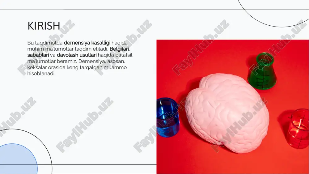 amiyat qo'llab-quvvatlashi juda muhimdir. oila a'zolari, bemorning holatini tushunib, unga yordam berishlari kerak. oila va jamiyat roli demensiya kasalligi jiddiy muammo bo'lib, uning belgilari, sabablari va davolash usullari haqida to'g'ri ma'lumotga ega bo'lish zarur. o'z vaqtida yordam va qo'llab-quvvatlash, bemorlarning hayot sifatini yaxshilashi mumkin. xulosa thanks! do you have any questions? youremail@freepik.com +34 654 321 432 yourwebsite.com e'tiboringiz uchun rahmat