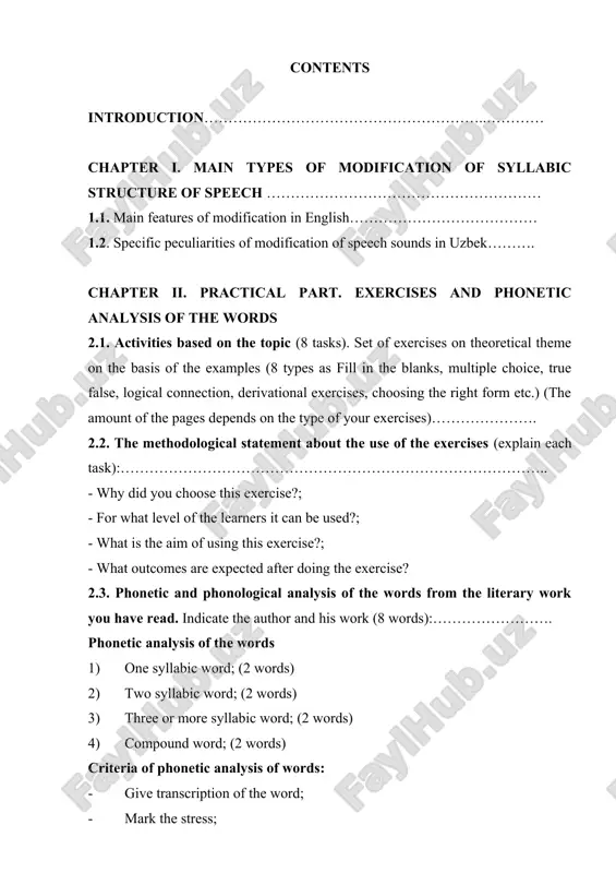 plosive, fricative etc.) - define the name and type of reduction; conclusion…………………………………………………………….… bibliography……………………………………………………...………… introduction the course paper is dedicated to the comparative analysis of the specific features of modification of syllabic structure in the english and uzbek languages which is one of the most interesting, disputable and important problems of theoretical phonetics of modern english. the aim of the present course paper is comparative analysis of the specific features of modification of syllabic structure in the english and uzbek languages. the aim of the research work puts forward tasks to fulfill such as: to define main phonetic and phonological terms and concepts; to study the main features of modification of syllabic structure in connected speech; to analyze the process of modification in english; to investigate the specific peculiarities of modification of syllabic structure in uzbek; to find similarities and differences of modification process in english and uzbek. the main language …