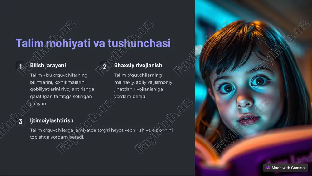 kerak. https://gamma.app/?utm_source=made-with-gamma talimning tarkibiy qismlari o'quv materiallari darsliklar, o'quv qo'llanmalar, mashqlar va boshqa o'quv materiallari. o'quv jarayoni darslar, mashg'ulotlar, seminarlar va boshqa o'quv faoliyatlari. o'qituvchilar o'quv jarayonini tashkil etish va olib borish uchun malakali o'qituvchilar. https://gamma.app/?utm_source=made-with-gamma talim usullari va shakllari 1 an'anaviy usullar ma'ruza, suhbat, savol-javob, mashqlar. 2 zamonaviy usullar interfaol ta'lim, loyiha usuli, muammoli ta'lim, o'yinlar, kompyuter texnologiyalari. 3 individual ta'lim har bir o'quvchining xususiyatlarini hisobga olib, ularga individual yondashuv. https://gamma.app/?utm_source=made-with-gamma talim mazmuni va tizimi fanlar o'quv dasturi o'quv rejalari matematika, fizika, kimyo matematika, fizika, kimyo o'quv dasturlari har bir fan uchun o'quv rejalari tarix, adabiyot, til tarix, adabiyot, til o'quv dasturlari har bir fan uchun o'quv rejalari https://gamma.app/?utm_source=made-with-gamma talim samaradorligini baholash testlar o'quvchilarning bilim darajasini baholash uchun testlar o'tkazish. loyihalar o'quvchilarning amaliy ko'nikmalarini baholash uchun loyihalarni bajarish. taqdimotlar o'quvchilarning ma'lumotlarni taqdim etish qobiliyatini baholash uchun taqdimotlar tayyorlash. https://gamma.app/?utm_source=made-with-gamma xulosa va takliflar talim samaradorligini oshirish uchun o'qituvchilar va o'quvchilarning …