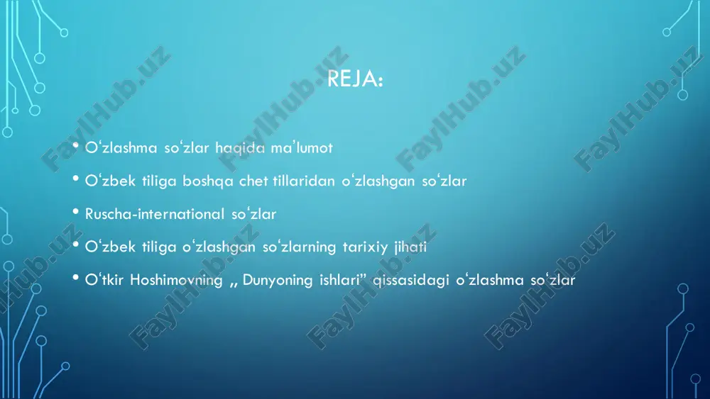 ha so`zlar : osmon , oftob , bahor , baho , barg , daraxt , mirob , dasta , bemor , g`isht , dasht , xonadon , shogird , xaridor , mard , kam , chala , balki , agar , ham kabi. • so`z oxirida qator undosh kelgan go`sht , musht (sht), daraxt , baxt (xt), barg(rg) kabi so`zlar asosan, fors-tojik tilidan o`zlashgan . bunday so`zlar yonma –yon kelganda undoshlardan biri talaffuz qilinmaslik holatlari ham bo`ladi. • 2.arab tilidan o`zlashgan so`zlar . arabcha so`zlar o`zbek tiliga vii-viii asrlardan boshlab kirgan. bu hol arablarning markaziy osiyoni bosib olishi bilan bog`liq. ular : maktab , kitob , xalq , qassob , maorif , shoir , ma`no , ilhom , kasb , ovqat , bino , asbob , imorat , g`alla, fil , parranda , hasharot , inson , odam , oila , amma , xola , dimog`, idora kabi. • 3.ruscha-internatsional …