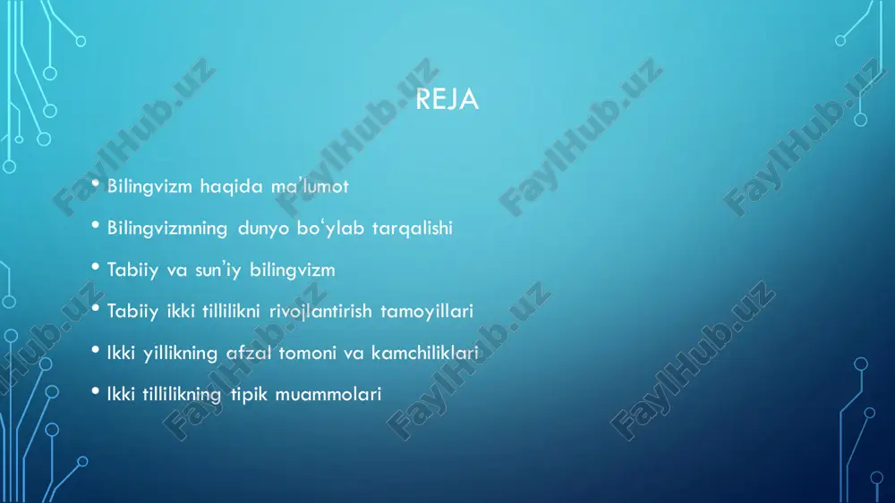s tillarida erkin ijod qiladigan yozuvchidir. umuman ikki tillilik ijtimoiy hodisa sifatida tillarning boyishi, rivojlanishi, umumbashariy madaniy saviyaning oshishiga muhim taʼsir etuvchi omildir. tillarning bir-biriga har qanday taʼsir koʻrsatishi bilingvist odamlar boʻlishini talab etadi. • oʻzbekiston respublikasida rus tili keng oʻrganiladi va mamlakat hayotida oʻz mavqei va oʻrniga ega. mamlakat aholisining katta qismi oʻzbek va rus tillarini bilgani bois, ularni bilingvistlar deb atasak boʻladi. rus tili bilan birga boshqa chet tillari ham oʻrgatilinmoqda. • ikki tillilik, ayniqsa, shimoliy amerika va evropa mamlakatlarida keng tarqalgan: u erda odatiy hol – norma. rossiyada vaziyat biroz boshqacha, ammo har yili mamlakatimizda ikki tillilikning dolzarbligi ortib bormoqda. • bu, birinchi navbatda, rossiya hududida 100 ga yaqin millat vakillari istiqomat qilayotgani, ularning har biri o’z tilida gapirish huquqiga ega ekanligi bilan bog’liq. ayrim respublika va avtonom viloyatlarda etnik til davlat tili bilan bir darajada: ularda kitoblar, teledasturlar nashr etiladi, hujjatlar tuziladi. • ikkinchidan, so’nggi yillarda …
