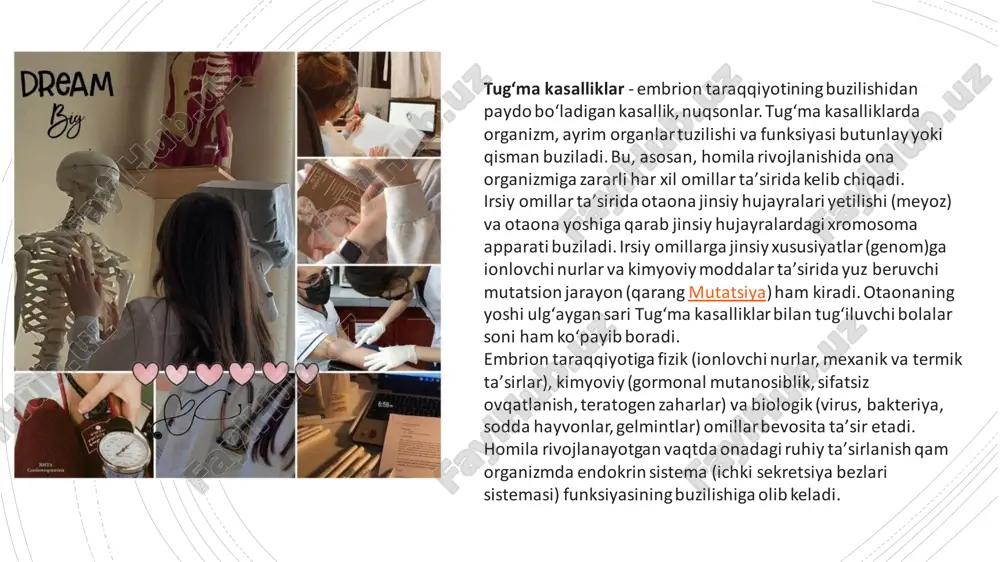 ari (tyn), shuningdek, tugʻma yurak anomaliyasi va tugʻma yurak kasalligi sifatida ham nomlanib, tugʻilish paytida mavjud boʻlgan yurakdagi yoki yirik tomirlar tuzilishidagi nuqson hisoblanadi.] tugʻma yurak nuqsoni yurak-qon tomir kasalliklari sifatida tasniflanadi.belgilari va alomatlari nuqsonning oʻziga xos turiga bogʻliq.] simptomlar zararsiz yoki hayot uchun xatarli boʻlishi mumkin] agar mavjud boʻlsa, tez nafas olish, koʻkargan teri (siyanoz), kam vaznlilik va tez charchash kabilarni oʻz ichiga olishi mumkin..] tugʻma yurak nuqsonlari koʻkrak ogʻrigʻiga olib kelmaydi.. koʻpincha tugʻma yurak nuqsonlari boshqa kasalliklar bilan bogʻliq emas. tugʻma yurak nuqsonlarining asorati yurak etishmovchiligidir. koʻpincha tasodifiy boʻlgan genetik mutatsiyalar tugʻma yurak nuqsonlarining asosiy sababidir.[5] https://uz.m.wikipedia.org/wiki/tug%ca%bbma_yurak_nuqsonlari https://uz.m.wikipedia.org/wiki/tug%ca%bbma_yurak_nuqsonlari https://uz.m.wikipedia.org/wiki/tug%ca%bbma_yurak_nuqsonlari https://uz.m.wikipedia.org/wiki/tug%ca%bbma_yurak_nuqsonlari orttirilgan yurak poroklari hayot davrida yurakning xastalanishi, aksari revmokardit, baʼzan ateroskleroz, septik endokardit, zaxm va h.k. kasalliklar oqibatida paydo boʻladi. orttirilgan yurak poroklariga: yurak klapanlarining (yopilish vaqtida) zich berkilmasligi; boʻlmachaqorinchalar (oʻng va chap boʻlmachaqorinchalar) oʻrtasidagi teshik yoki asosiy tomirlar chiqish joyining torayishi (stenozi); shu nuqsonlarning aralash boʻlishi, bir …
