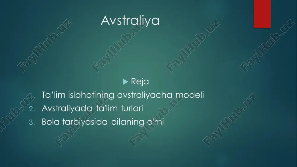 gʻoyalar tugʻilishi uchun rang-baranglik va erkinlik nihoyatda muhim. oʻquv yili fevral oyida boshlanib , dekabrda tugaydi. imtihonlar yiliga ikki marta oʻtkaziladi. muvaffaqiyatsizlikka uchragan oʻquvchilar sinfda qoldiriladi. dars jadvalida ijtimoiy-gumanitar, tabiiy, aniq fanlar bilan birga sanʼat, texnika, savodxonlik va sogʻlomlashtiruvchi fanlar ham oʻrin olgan. avstraliyada ota-onalar taʼlim tizimiga yuqori talab qoʻyishadi. bolalarini bogʻchadaligidanoq kasbga yoʻnaltiradi. shuning uchun aqsh, fransiya, germaniya va turkiya kabi davlatlarda har besh bolaning bittasi xususiy maktabga borsa, avstraliyada esa har besh tadan ikkitasi xususiy maktabga borishadi.  xulosa qilib aytganda, avstraliya taʼlim sohasi boʻyicha dunyoda yetakchi davlatlardan biridir.taʼlim tizimi xalq taqdiri va kelajagining ustuvor omili hisoblanadi. uning inqirozi davlat hokimiyati va xalq manfaatlari inqirozidir.avstraliya hukumati oldida turgan mana shu muomolarni bartaraf eta oladi .bugungi kunda yuqori natijalar koʻrsatish bilan birga xorijlik ilimga chanqoq yoshlarni ham oʻziga jalb etmoqda! etiboringiz uchun rahmat!