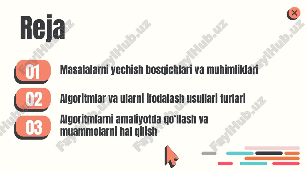 hal qilish uchun asosiy vositadir. ular dasturlashda va muammoni yechishda muhim rol o'ynaydi. ifodalash usullari va ularning turlari pseudokod — algoritmni yozish uchun oddiy va tushunarli til. oqim diagrammalari — jarayonni vizuallashtirish uchun diagramma shaklida ifoda. dasturlash tillari — algoritmlarni kod shaklida yozish uchun vositadir. misollar: python, java. ularning afzalliklari va kamchiliklari bor. algoritmlarning turlari va ularning xususiyatlari algoritmlarning asosiy turlari: tartiblash, qidirish, grafik algoritmlar. har biri ma'lum muammolarni hal qilish uchun mo'ljallangan va turli texnikalarni o'z ichiga oladi. tartiblash algoritmlari ma'lumotlarni belgilangan mezonlarga ko'ra tartiblaydi, masalan, burilish, tezlik va xotira sarfi. binar qidirish va grafik algoritmlar muhim misollardir. har bir algoritm turining samaradorligini baholash uchun vaqt, xotira murakkabligi va kod tushunarli bo'lishi kabi mezonlar qo'llaniladi. * algoritmlarni amaliyotda qo‘llash algoritmlarning amaliyotdagi roli va ahamiyati muhimdir. ular muammolarni hal qilishda asosiy vosita bo‘lib, har bir sohada keng qo‘llaniladi. masalan, banklar ma'lumotlarni boshqarishda, transport tizimlarida va ishlab chiqarishda algoritmlardan foydalaniladi. muammolarni …