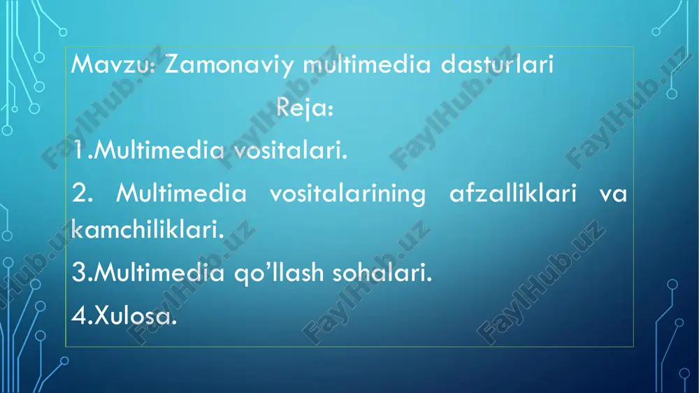 yalar tak-dimnomasi ilk marta 1987 yili sietldagi konferensiyada (second microsoft sd – rom sopfegense) bo’lib o’tdi va bu sana video va audioaxborotli to’laqonli multimedianing paydo bo’lishi boshlanishi deb hisoblanadi. multimedia tarkib topishining bundan keyingi qadami cd-i texnologiyasi (compact disk interactive – interaktiv videodisklar) bo’ladi, ular kompyuter yordamida lazerli video-murvatni boshqarish yo’li bilan kompakt diskdan axborotni ixtiyoriy tanlashni tashkil etishga imkon beradi. bu texnologiyani philips electrnics firmasi ishlab chiqadi va u sony, ivm va microware firmalari tomonidan qo’llangan. multimedia ta’lim vositalarining kamchiliklari 1. o’qituvchilar va talabalarning inertsiyasini rag’batlantiradi kurs dasturining ahamiyatini haddan tashqari ta’kidlang, faqat o’quv dasturidan foydalanish darsni yaxshilashi mumkin deb o’ylang va hatto doska yozishni ortiqcha deb o’ylang. o’qituvchi sichqonchani bosish vositasiga aylandi va elektron taxta yozish butun sinfni egallaydi. talabalar endi eslatmalarni jiddiy qabul qilmaydilar, balki o’qituvchining o’quv rejasini nusxalashga ko’proq tayanadilar. eshitish va ko’rish sinfdagi eng muhim bo’g’inlarga aylandi. ta’limda multimedia texnologiyalaridan foydalanish rangli grafika, animatsiya, tovush, …