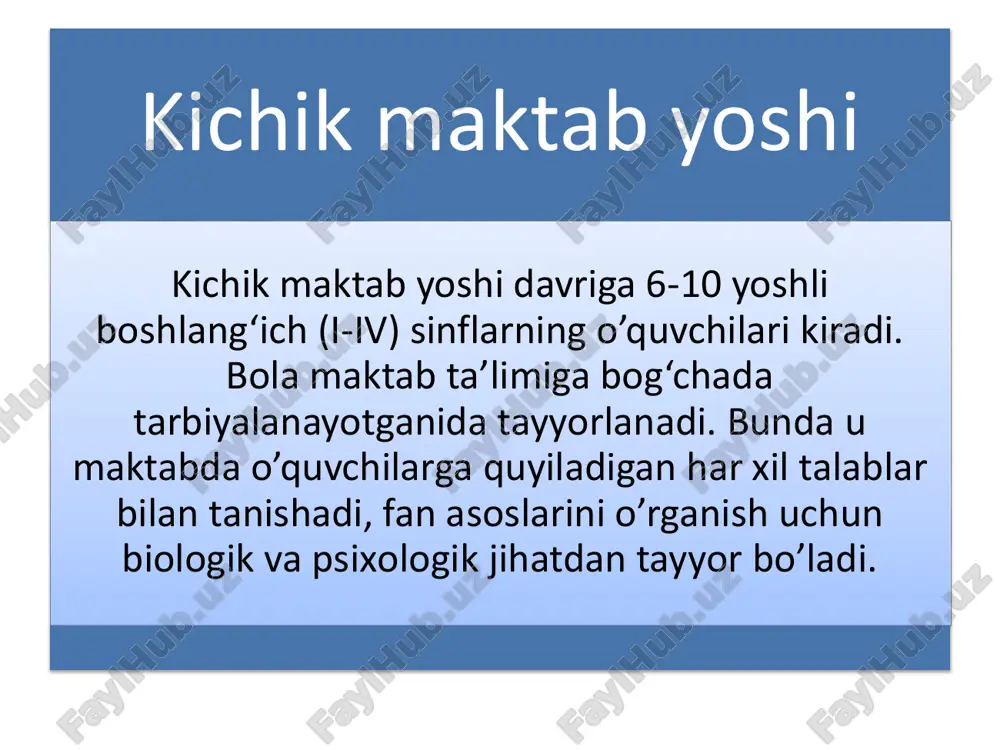 amoyon bo'ladi. boshlang‘ich sinf o’quvchisi biologik-jihatdan nisbatan uyg‘un o’sadi, uning bo’yi va og‘irligi, o’pkasining hajmi mutanosib rivojlanadi. biroq, bolaning suyaklari(ko’krak qafasi, tos, qo’l suyaklari), umurtqa pog‘onasida hali tog‘aysimon to’qimalar uchraydi, bu esa uning suyak tizimi takomillashib bo’lmaganini ko’rsatadi. yurak muskullari tez o’sadi, qon tomirlarining diametri sal kattaroq bo’ladi, miyaning og‘irligi boshlang‘ich sinflarda 1250-1400 grammni tashkil etadi. miya po’stining analitik- sintetik faoliyati takomillashadi, qo’zg‘alish bilan tormozlanish o’rtasidagi munosabat o’zgaradi, lekin qo’zg‘alish nisbatan ustunlikka ega bo’ladi. shuning uchun bolaning to’g‘ri o’sishiga g‘amxurlik qilish, toliqishining oldini olish, o’qish va ham olish rejimiga qatiy rioya etish zarur kichik maktab yoshidagi bolaning muhim xususiyatlaridan biri unda o’ziga xos ehtiyojlar mavjudligidir. bu ehtiyojlar o’z mohiyati bilan muayyan bilim, ko’nikma va malakalarni egallashga, tevarak-atrofdagi voqelikni o’zlashtirishga qaratilmay, balki faqat o’quvchilik istagini aks ettirishdan iboratdir. bilish motivlari quyidagicha o'zgarib boradi: kichik maktab yoshidagi o'quvchilarning qiziqishlari alohida bir faktlarga qiziqishdan, qonuniyat va prinsiplarga qiziqishga aylanib boradi. kichik maktab yoshidagi …