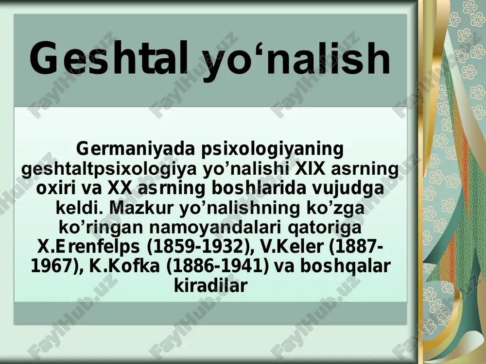a anglatish ham geshtaltterapiyaning yo`lidir, ya'ni odam tashqi olam yo`naltirilgan ehtiyoj energiyasining ijtimoiy qarama-qarshilik natijasida o`ziga qaytarilishidir geshtalt terapevt mijozga o`zini anglashiga yordam berish uchun uning xatti-harakatlariga diqqatini qaratishi, ya'ni xatti- harakatni anglash orqali hisni anglashga, hisni anglash orqali esa geshtalt tuzilishiga, muammo echilishiga yordam berishi mumkin.. keyinchalik perls odam o`zini o`zi qiynashini, “bu narsani qilaman va buni qilmayman“ degan mulohazasini “yuqori va pastki“ deb nomlagan. masalan, birovni urishga ehtiyoj tug`ilishi natijasida odam qo`lida og`riq paydo bo`lishi va buning sababini anglash og`riq zarbini yo`qotishi mumkin. bu energiya keyinchalik shu yo‟nalishdagi boshqa ehtiyojlar vujudga kelishi to`siq bo`lishi mumkin. perlz nazariyasi terapevtik yondashuvi 5 ta asosiy tushunchalarga asoslanadi: figura va fon nisbati, bugunni anglash, qarama-qarshiliklar, himoya funktsiyasi, yetuklik va mas’uliyat geshtalt-yondashuvning asosiy printsipi: qismlar tahlili yaxlitlikni tushinish imkonini bermaydi, chunki butunlik o‟zaro bog‟liqlik va o‟zaro ta‟sir bilan belgilanadigan qismlardan tashkil topgan geshtalt nazariya individumga psixologik sog‟liq va yetuklikka to‟sqinlik qiladigan 4 nevrotik …