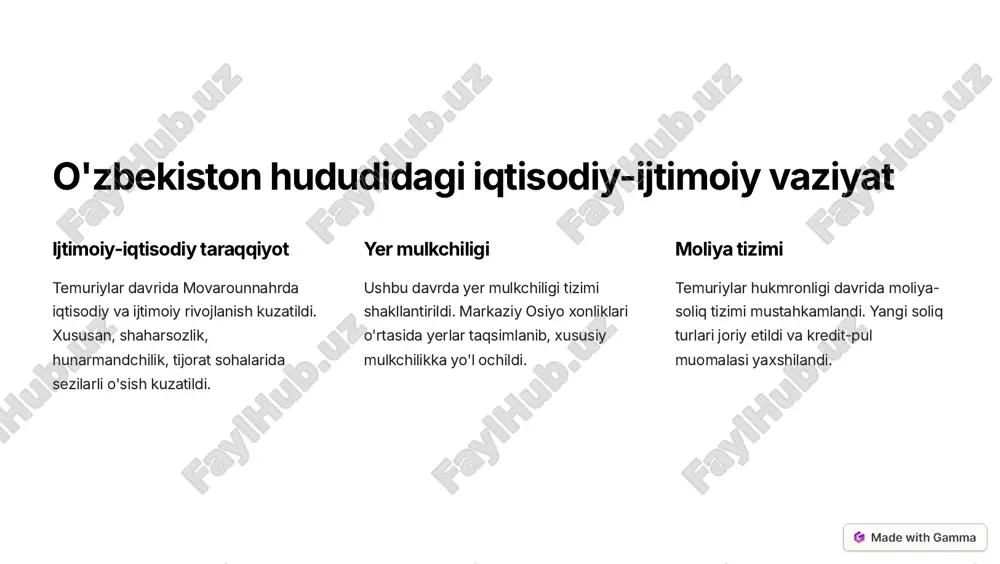 . 4 kredit-moliya sohasi temuriylar davrida kredit- moliya tizimi ham yaxshilandi. banklar, sarmoya jamlash, kreditlar berish sohalari taraqqiy etdi. https://gamma.app/?utm_source=made-with-gamma sanoat va qishloq xo'jaligidagi yangilanishlar sanoat rivojlanishi temuriylar davrida hunarmandchilik sohasi jadal rivojlandi. kulolchilik, kallografikatomoshabob, to'qimachilik, metall ishlab chiqarish kabi sohalar ilg'orlashdi. qishloq xo'jaligi suv xo'jaligini yaxshilash, keng ko'lamli sug'orish inshootlari qurish, dehqonchilikni yangi agrotexnik usullarda yaxshilash amalga oshirildi. yangi texnologiyalar temuriylar davrida yog'-moy, qand-shakar, pilla yetishtirish va qayta ishlash texnologiyalari yaxshilandi. transport tarmoqlari yangi yo'llar, ko'priklar, karvanseraylar qurilishi natijasida transport-logistika sohalari jadal rivojlandi. https://gamma.app/?utm_source=made-with-gamma tijorat, pul muomalasi va kredit siyosati savdo-sotiq temuriylar davrida ichki va xalqaro savdo-sotiq jadal rivojlandi. yangi birja va bozorlar tashkil etildi. pul muomalasi amir temur tomonidan yagona tanga muomalaga kiritildi. kredit- moliya tizimi yaxshilandi. bank ishlari temuriylar davrida bankchilik tizimi rivojlandi. xususiy bank va sarmoya jamlash institutlari faoliyat ko'rsata boshladi. xalqaro savdo temuriylar movarounnahrni xitoy, hindiston, yevropacha savdo yo'llari tarmog'iga bog'lashga erishdilar. https://gamma.app/?utm_source=made-with-gamma xorijiy iqtisodiy …