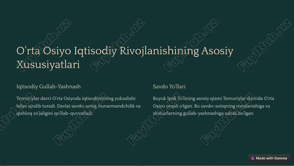 avdo temuriylar davri o'rta osiyo xalqaro savdo markaziga aylandi. turli mamlakatlar bilan savdo- sotiq rivojlangan. https://gamma.app/?utm_source=made-with-gamma temuriylar davridagi qishloq xo'jaligi va hunarmandchilik rivojlanishi 1 qishloq xo'jaligi temuriylar davrida sug'orish tizimlari yaxshilangan, bu g'alla, meva va sabzavot yetishtirishga imkon berdi. 2 hunarmandchilik temuriylar davri hunarmandchilikning gullab- yashnashi bilan ajralib turadi. ipgazlama, metall, yog'och va keramika ishlab chiqarish rivojlangan. https://gamma.app/?utm_source=made-with-gamma temuriylar davridagi shaharlar va transport kommunikatsiyalarining yuksalishi 1 shaharlar temuriylar davrida o'rta osiyoda shaharlar rivojlandi. samarkand, buxoro, xiva kabi shaharlar muhim savdo va madaniy markazlarga aylandi. 2 transport yo'llar va karvon yo'llari qurilishi davlat tomonidan qo'llab-quvvatlandi, bu savdo-sotiqning rivojlanishiga yordam berdi. https://gamma.app/?utm_source=made-with-gamma temuriylar davri soliq tizimi va soliq siyosati 1 soliqlar temuriylar davrida soliq tizimi davlatning iqtisodiyotini nazorat qilishda muhim rol o'ynagan. soliqlar qishloq xo'jaligi, savdo-sotiq va hunarmandchilikdan yig'ilgan. 2 soliq siyosati soliq siyosati davlatning moliyaviy ehtiyojlarini qondirishga va iqtisodiy rivojlanishni qo'llab- quvvatlashga qaratilgan edi. https://gamma.app/?utm_source=made-with-gamma temuriylar davridagi iqtisodiy fikrlar va ilmiy- …