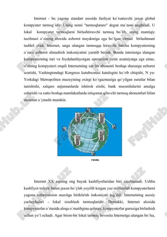 turlari va usullari. bizga ma`lumki internetga muqim, ulangan kompyuter o`zining doyimiy o`zgarmas ip-adresiga ega bo`ladi. agar ushbu kompyuterning ixtiyorida bir emas, bir grux ip-adreslar mavjud bo`lsa, u xolda adreslar gruxi ip-adreslar maydoni deb ataladi, xamda ushbu kompyuter asosida xar bir abonenti internetda ishlashi mumkin bo`lgan lokal kompyuter tarmog`ini tashkil etish mumkin bo`ladi. tarmoqning bu xizmat turi internetga "dostup" berish, "kirish" xizmati deb ataladi. xizmatning bunday turini tashkil etuvchi tashkilot esa isp (internet service provider)- "internet servis-provayder", qisqacha "provayder" deb ataladi. "provayder" larni o`zaro bog`lab turuvchi tayanch tarmoqlar majmuasi internetning yadrosini tashkil etadi. internet bir-biriga borlangan kompyuterlar yagona tarqmogidir. kompyuterlar bir-biri bilan kanday boglanadi degan savol tugilishi tabiiydir. internetga borlanishning bir-nechta usuli mavjud. boglanish turlari o`zaro imkoniyatlari va ma`lumotlarni uzatish tezligi bilan farqlanadi. bog`lanish imkoniyati va tezligi internetdan foydalanish narxini belgilaydi. sifat va tezlik oshishi bilan narx ko`tariladi. bog`lanish turlarini narxi kamayishi tartibida keltiramiz: · to`g`ridan - tug`ri kirish (pryamoe podsoedinenie …