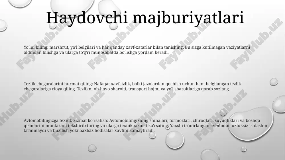 qatnashchilari, jumladan, haydovchilar, yo'lovchilar, velosipedchilar va piyodalar farovonligini ta'minlash uchun juda muhimdir. haydovchi va uning xavfsizligi (haydovchi va bolalar uchun xavfsizlik) ushbu himoyasiz yo‘l foydalanuvchilarini himoya qilish uchun mas’uliyatli haydash odatlari va to‘g‘ri bolalar xavfsizligi choralari muhimligini ta’kidlaydi. himoyali haydash himoyali haydash: ahamiyati va texnikasi: himoyali haydash - bu baxtsiz hodisalarning oldini olishga va to'qnashuvda zarar etkazish ehtimolini kamaytirishga qaratilgan haydash texnikasi va strategiyalari to'plami haydovchi va uning xavfsizligi: haydovchi va yo‘lovchi xavfsizligi: himoyaviy haydashda ham haydovchi, ham yo‘lovchilar xavfsizligini ta’minlash muhim ahamiyatga ega masofa va tezlikni saqlash: xavfsiz masofa va tezlikni saqlash: himoyali haydash boshqa transport vositalaridan xavfsiz ergashadigan masofani saqlash muhimligini ta'kidlaydi charchoqni boshqarish haydovchi va uni aniqlashlig- charchoq fikrlash va muvofiqlashtirishni susaytiradi, baxtsiz hodisalar xavfini oshiradi- hatto engil charchoq ham haydash samaradorligiga sezilarli ta'sir ko'rsatishi mumkin- haydovchilar tanaffus qilishlari, etarlicha uxlashlari va haddan tashqari charchaganlarida haydashdan qochishlari kerak. charchoqni boshqarishning ahamiyati - baxtsiz hodisalar va jarohatlar xavfini …
