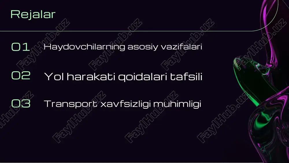 kllar va ranglar bilan birga ko'rsatmalar beradi, bu esa yo'lni xavfsiz o'zlashtirishga xizmat qiladi. masalan, qizil chiroq to'xtash, yashil esa harakatlanish kerakligini bildiradi, bu esa baxtsiz hodisalarni kamaytiradi. haydovchilar uchun javobgarlik haydovchilar huquqlari javobgarlik darajalari haydovchilar yo'l harakati qoidalariga amal qilishlari kerak. ularning huquqlari o'z xavfsizligini ta'minlashda muhim ahamiyatga ega. qoidalarni buzgan haydovchilar ma'muriy va jinoiy javobgarlikka tortilishi mumkin. bu, havo va transport xavfsizligini ta'minlash uchun zarurdir. yol harakati xavfsizligi qoidalari yol belgilarining ahamiyati havo vaqti va sharoitlar qoidalar va jazolar yol belgilarini tushunish va ularga rioya qilish haydovchilar uchun muhim. bu belgilar yo'l harakati xavfsizligini ta'minlaydi va tartibni saqlaydi. havo sharoiti harakatga ta'sir qiladi. qurg'oqchil yoki yomg'irli havoda haydovchilar ehtiyotkorlik bilan harakat qilishlari zarur. yol harakati qoidalariga rioya qilmaslik jazo va ogohlantirishlarni keltirib chiqarishi mumkin. har bir haydovchi buni inobatga olishi lozim. haydovchi malakasining oshirilishi haydovchi malakasi ta'rifi malaka oshirishning afzalliklari o'qitishning usullari davlat va jamoat mas'uliyati haydovchi malakasi …
