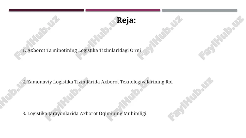ladi. axborot texnologiyalari va logistika samaradorligi real vaqt rejimida ma'lumotlarni kuzatish tizimlari, yuk tashish vositalarining harakatini kuzatish orqali yo'lning 10% gacha qisqarishiga va yoqilg'i sarfini 5% ga kamaytirishga yordam beradi. zamonaviy erp tizimlari logistika bo'yicha ma'lumotlarni yagona platformada birlashtirib, inventarizatsiyani 8% ga optimallashtiradi va yetkazib berishni rejalashtirish aniqligini 12% ga oshiradi. axborot texnologiyalari, logistika jarayonlarini 30% gacha tezlashtirib, xarajatlarni 15-20% ga kamaytirishi mumkin, bu esa etkazib berish muddatlarini qisqartiradi va mijozlar qoniqishini oshiradi. real vaqt rejimida axborot almashinuvi gps kuzatuvi va iot sensorlari orqali to'plangan ma'lumotlar real vaqt rejimida yuk holati, joylashuvi va harorati kabi 5 ta muhim parametrni monitoring qilish imkonini beradi. real vaqt rejimida axborot almashinuvi yuk tashish jarayonlarining samaradorligini 15-20% ga oshirishi mumkin, bu o'z navbatida xarajatlarni kamaytirish va yetkazib berish muddatlarini qisqartirishga olib keladi. real vaqt rejimida axborot almashinuvi logistika tizimlarida xatoliklar sonini 30% ga kamaytiradi, bu esa yetkazib berish zanjiri uzilishlarining oldini olishga yordam beradi. …