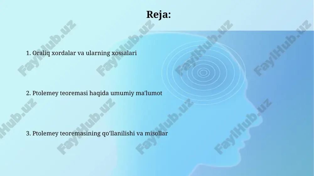 monidan giperbolik geometriya kontekstida umumlashtirilgan boʻlib, u yerda burchaklarning qiymati evklid geometriyasidan farq qiladi. ptolemey teoremasi tarixi teorema, aylana ichiga chizilgan to'rtburchakning tomonlari va diagonallarining uzunliklari o'rtasidagi munosabatni 10 dan ortiq geometrik isbotlar bilan ifodalaydi va ko'p asrlar davomida matematika va astronomiyada qo'llanilgan. ptolemey teoremasi milodiy 2-asrda, aleksandriya shahrida yashagan mashhur yunon olimi klaudiy ptolemey tomonidan bayon etilgan bo'lib, uning "almagest" nomli asarida 13 kitobdan iborat bo'lgan geometriya bo'yicha muhim natijalarni o'z ichiga oladi. ptolemey teoremasining geometrik talqini ptolemey teoremasining geometrik talqini, evklid geometriyasi doirasida, to'rtburchakning tomonlari va diagonallari uzunliklari orasidagi aniq munosabatni ko'rsatadi, bu esa 12 ta har xil uzunliklar o'rtasidagi bog'lanishni o'rganish imkonini beradi. teorema, aylana ichiga chizilgan to'rtburchak uchun 4 tomonining uzunliklari va uning ikkita diagonali orasidagi algebraik bog'lanishni ifodalaydi; masalan, tomonlar a, b, c, d bo'lsa, diagonallar p va q ni hisoblash mumkin. to'g'ri to'rtburchak va ptolemey teoremasi ptolemey teoremasi, 150 yilda aleksandr shahrida yozilgan "almagest" …