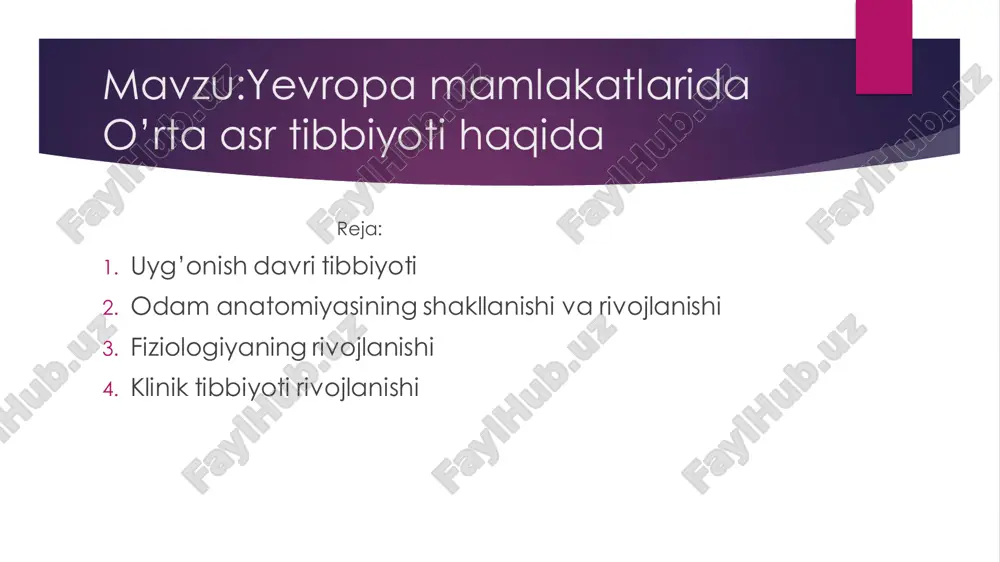 uyak va bo’g’imlar 2. muskullar 3. qon tomirlar va bezlar 4. periferik asab tomirlari va orqa miya 5. hazm qiluvchi a’zolar va tanosil a’zolar 6. nafas olish va qon aylanish organlari 7. miyaning tuzilishi haqida edi villiam garvey 1578 yil 1 aprelda folkstonda tuģilgan.otasi tomas garvey savdoda ishlagan.10 yoshida kenterber kollejida,16 yoshida kembrij dorilfununida o’qib 1598-yilda tugatadi.paduya univ.ga o’qishga kirdi.1602- yil tibbiyot doktori darajasini oldi.u oz vaqt kembrijda,1609-yil harbiy gospitalda ishladi.angliya qiroli yakob 1villiam shaxsiy tabib qildi.1615 yil london hakimlari kollegiyasini anatomiya va jarrohiya kafedrasi mudiri,1942yili oksford dorilfununi dekani bôld 1628 yili 17 boblik “hayvonlar yurak va qon tomirdagi qon harakati “kitobida kichik qon aylanishi haqida aytib ôtadi.u óng qorinchadan a.pulmanolis orqali ópkaga borib tozalanib v.pulmanolis orqali chap qorinchaga borishin.aorta orqali tanaga tarqalishini.yana qon faqat yeyilgan ovqatdan hosil bolmasligini aytadi.1657 yili 3 iyunda 79 yoshida vafot etadi ambrua pare 1509 yili fransiyada tuģilgan.u “kichik jarrohiya” bilan shuģullanardi.u parijdagi tibbiy maktabni …
