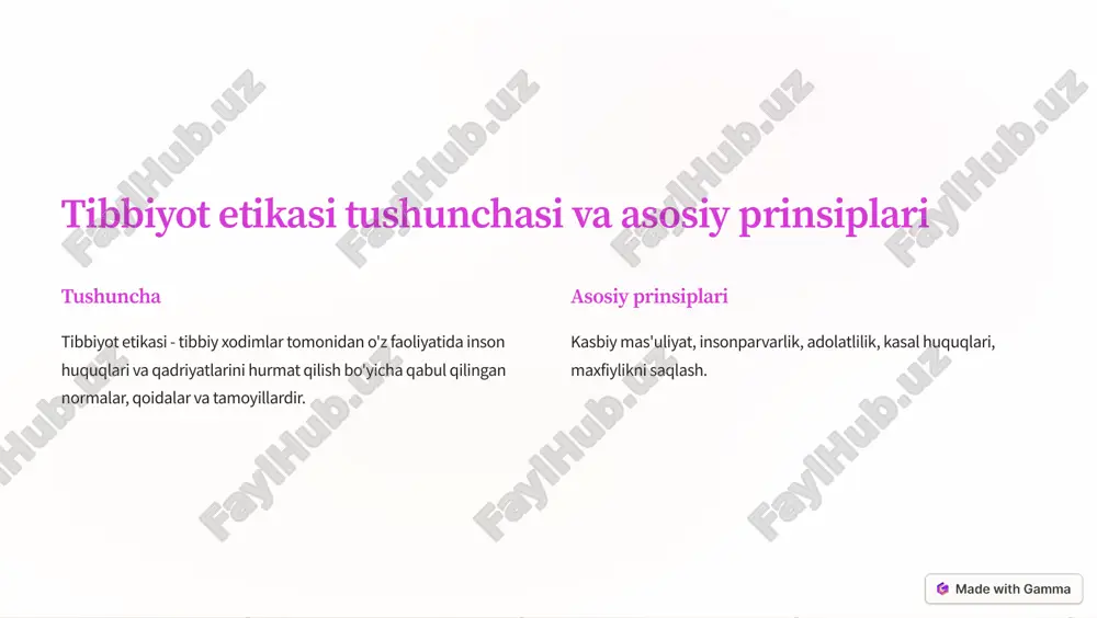 yaxshilash va maxfiylikni saqlash bilan shug'ullanishlari lozim. 3 o'zaro munosabatlar kasal va shifokor o'rtasidagi munosabatlar mehribonlik, ishonch va hamkorlikka asoslangan bo'lishi kerak. https://gamma.app/?utm_source=made-with-gamma tibbiy maxfiylik va maxfiylikni saqlash masalalari 1 asosiy tamoyil kasal haqidagi ma'lumotlarni maxfiy saqlash 2 mustasno holatlar kasal roziligisiz ma'lumotlarni oshkor qilish 3 maxfiylikni saqlash tamoyillari oʻrganish, tadqiqot, konsultatsiya uchun zarur boʻlganda 4 kasal hurmatini saqlash maxfiylikni saqlash bilan birga kasal hurmatini ham hurmat qilish https://gamma.app/?utm_source=made-with-gamma axloqiy dilemma va nizolarni hal etish yoʻllari 1 dilemma va nizolarni aniqlash etik jihatdan muammoli holatlarni, kasal va shifokor manfaatlari to'qnashuvini aniqlash 2 axloqiy tamoyillarni qo'llash kasbiy mas'uliyat, insonparvarlik, adolatlilik, kasal huquqlari kabi tamoyillarni qo'llash 3 etik konsultatsiya axloqiy masalalar bo'yicha rahbariyat, etik komissiya yoki mutaxassislardan maslahat olish 4 yechimni qabul qilish dilemma va nizolarning eng maqbul hal yechimini topish va amalga oshirish https://gamma.app/?utm_source=made-with-gamma kasbiy amaliyot jarayonida etik masalalar tibbiy tavsiyalarning to'g'riligini tekshirish har doim tibbiy tavsiyalarning ilmiy asoslanganligi va foydali …