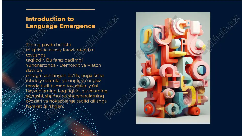 nd cognition, highlighting how our linguistic capabilities shape our understanding of reality til bilan tafakkur bir vaqtda paydo bo‘ladi. shunday ekan, yuqoridagi farazni ilgari surgan faylasuflar va tilshunoslarning fikri til bilan tafakkur birligiga ziddir, chunki farazda dastlabki taqlidiy tovushlarni ibtidoiy odamlar beixtiyor «izhor qilishgan» deyiladi. bunday holda til tafakkurdan avval paydo bo‘lgan degan noto‘g‘ri xulosa yuzaga kelishi mumkin. . undovlar farazi undovlar farazi. tilning paydo bo‘lishiga doir ikkinchi keng tarqalgan fikr undovlar farazidir. bu faraz ham qadimiy bo‘lib, uning asosida ham hayvonlarning baqiriq- chaqiriqlari yotadi. bu faraz asoschilarining fikricha, ibtidoiy odamlar hayvonlarning baqiriqchaqiriqlarini o‘rganib, ular orqali o‘zlarining ichki kechinmalari, g‘am-alamlarini ifodalashgan: oh, uh kabi undov so‘zlar bunga misol qilib ko‘rsatiladi. tildagi boshqa so‘zlar esa ana shunday so‘zlarning birikuvidan kelib chiqqan, deb tushuntiriladi. taniqli fransuz olimi jan jak russo (xviii asr) ham shu fikrni quvvatlagan. mehnat chaqiriqlari farazi mehnat chaqiriqlari farazi. bu farazni ilgari surgan olimlarning fikricha, til odamlar jamoa bo‘lib …
