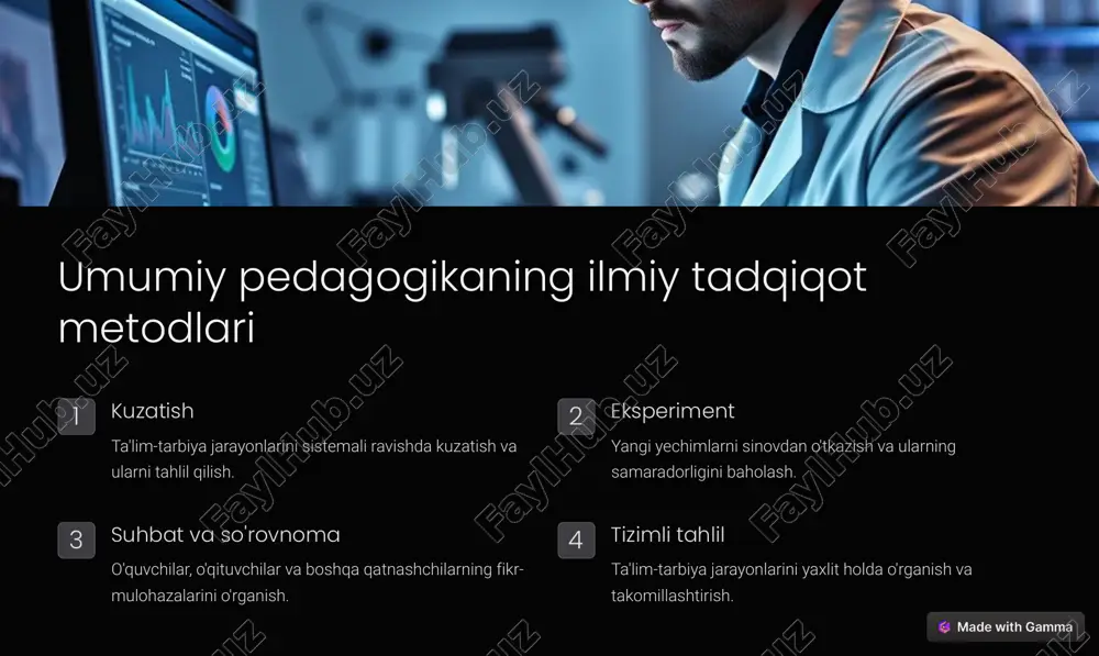 fan asoslarini chuqur o'rganish, pedagogik kadrlar malakasini oshirish va ta'lim-tarbiya jarayonlarini ilmiy asosda tashkil etish orqali ta'lim sifatini oshirish mumkin. https://gamma.app/?utm_source=made-with-gamma