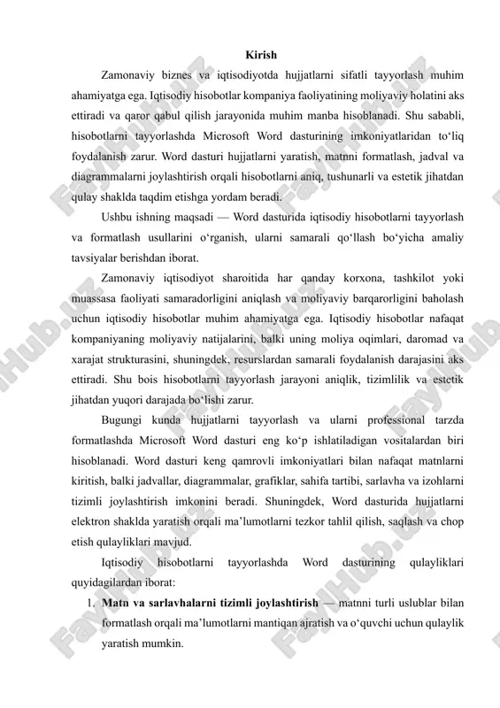 zimli joylashtirish imkonini beradi. shuningdek, word dasturida hujjatlarni elektron shaklda yaratish orqali ma’lumotlarni tezkor tahlil qilish, saqlash va chop etish qulayliklari mavjud. iqtisodiy hisobotlarni tayyorlashda word dasturining qulayliklari quyidagilardan iborat: 1. matn va sarlavhalarni tizimli joylashtirish — matnni turli uslublar bilan formatlash orqali ma’lumotlarni mantiqan ajratish va o‘quvchi uchun qulaylik yaratish mumkin. 2. jadvallar va diagrammalar — moliyaviy ko‘rsatkichlar, xarajat va daromad tahlillari grafik shaklda ko‘rsatilishi orqali hisobot yanada tushunarli bo‘ladi. 3. sahifa tartibi va chop etishga tayyorlash — sahifa o‘lchami, qirralar, orientatsiya va raqamlangan sahifalar orqali hisobot professional ko‘rinish oladi. 4. avtomatlashtirish imkoniyatlari — word dasturining “styles” va “references” funksiyalari yordamida matn sarlavhalari, indekslar, jadval va diagrammalarni avtomatik tarzda boshqarish mumkin. shuningdek, iqtisodiy hisobotlar tayyorlash jarayonida hujjatlarning aniqligi va ishonchliligi muhim ahamiyatga ega. notekis formatlangan matn yoki noto‘g‘ri kiritilgan moliyaviy ko‘rsatkichlar qaror qabul qilish jarayonida xatoliklarga olib kelishi mumkin. shu sababli, word dasturida hisobotlarni tayyorlash va formatlash usullarini chuqur …