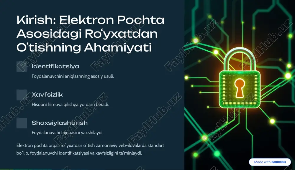 manzilining haqiqiy ekanligini tasdiqlaydi va spamdan himoya qiladi. https://gamma.app/?utm_source=made-with-gamma parol boshqaruvi: parol yaratish, yangilash va qayta tiklash yaratish kuchli parollar yaratish tavsiya etiladi. yangilash parollarni muntazam yangilash muhim. qayta tiklash unutilgan parollarni xavfsiz tiklash. to»g»ri parol boshqaruvi hisob xavfsizligini ta¾minlaydi. https://gamma.app/?utm_source=made-with-gamma xavfsizlik choralari: ma¾lumotlarni himoya qilish bo»yicha eng yaxshi amaliyotlar 1 ko»p faktorli autentifikatsiya qo»shimcha xavfsizlik qatlami. 2 ma¾lumotlarni shifrlash server va uzatishda ma¾lumotlarni himoyalash. 3 doimiy yangilanishlar tizim va dasturiy ta¾minotni yangilab turish. 4 hujumdan himoyalanish ddos va sql in¾ektsiya hujumlariga qarshi choralar. ushbu choralar foydalanuvchi ma¾lumotlarining xavfsizligini maksimal darajada ta¾minlaydi. https://gamma.app/?utm_source=made-with-gamma umumiy muammolar va yechimlar: ro»yxatdan o»tishdagi qiyinchiliklar tasdiqlash xati kelmayapti spam papkasini tekshirish, qayta yuborish opsiyasi noto»g»ri formatli pochta real vaqtda xatolarni ko»rsatish parol talablari murakkab talablar ro»yxatini ko»rsatish muammolarni tezkor aniqlash va hal qilish foydalanuvchi noroziligini kamaytiradi. https://gamma.app/?utm_source=made-with-gamma xulosa va kelajak tendensiyalari: sohadagi yangiliklar va istiqbollar 1 2 3 kelajakda ro»yxatdan o»tish jarayoni yanada sodda va …