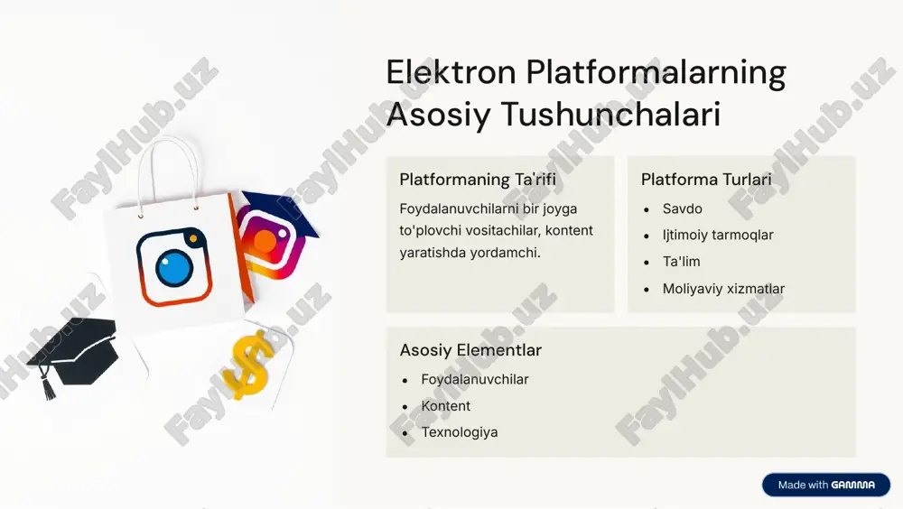 k masalalari regulyatsiya va qonunlarga muvofiqlik kerak. https://gamma.app/?utm_source=made-with-gamma xulosa elektron platformalarning roli raqamli iqtisodiyotning muhim qismidir. afzalliklar va xavflar ularni hisobga olib, ehtiyot choralarini ko'rish kerak. kelajak platformalar yanada rivojlanib, yangi imkoniyat yaratadi. https://gamma.app/?utm_source=made-with-gamma