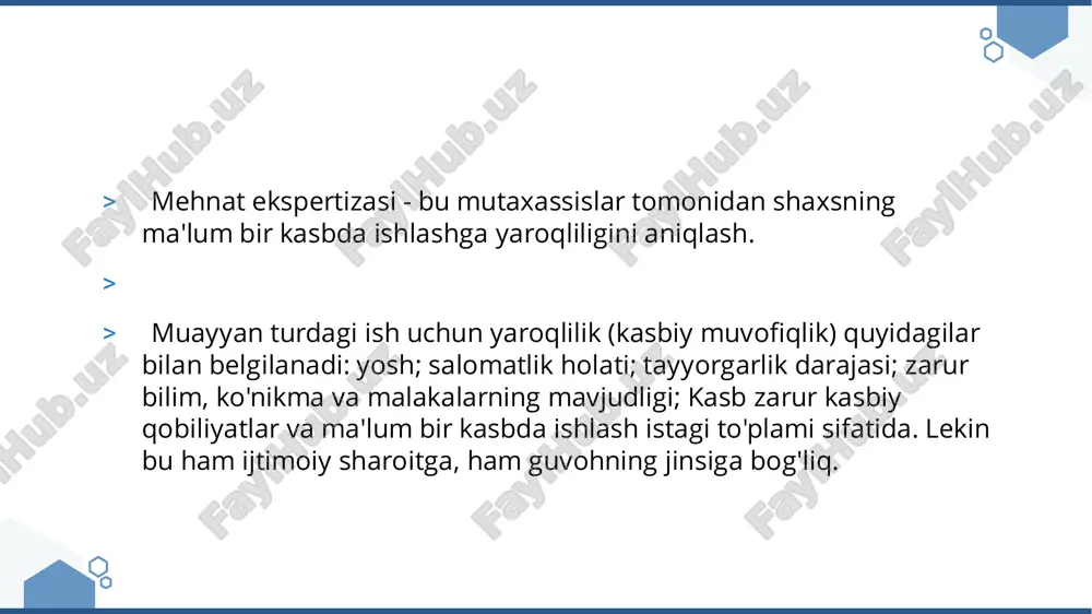 ni dam olish, davolanish yoki o'zlari uchun qulayroq bo'lgan boshqa ishga o'tkazish uchun zudlik bilan ishdan bo'shatish; 4) u yoki bu mehnat faoliyati turini unga kasbiy konsultatsiya shaklida tavsiya etish uchun muayyan shaxs qaysi turdagi mehnatga qodirligini aniqlash. > mehnat ekspertizasining ushbu asosiy vazifalarining har biri o'ziga mos keladigan usul bilan hal qilinadi. ba'zi hollarda faqat hujjatli ma'lumotlar o'rganiladi, boshqalarida o'qishga yoki ishga kirayotganlar yoki ishlab chiqarishda ishlayotganlar bilan suhbatlar o'tkaziladi, ayrim hollarda mutaxassislar va ekspert komissiyalari tomonidan tibbiy-psixologik tadqiqotlar olib boriladi. sog'liqni saqlash holatini baholash orqali o'z muammolarini hal qiladigan tibbiy mehnat ekspertizasining eng aniq tashkiliy rasmiylashtirilgan tizimi. ammo tibbiy mehnat ekspertizasi u yoki bu shaklda mavjud bo'lgan dastlabki kunlardan boshlab har doim psixologik tekshiruv bilan bog'liq edi, chunki har qanday ish insondan nafaqat jismoniy, balki aqliy qobiliyatlarni ham talab qiladi, mexanizatsiya va mehnat sharoitlarida unga qo'yiladigan talablar. ishlab chiqarish jarayonlarini avtomatlashtirish tobora ortib bormoqda. biroq, psixologik mehnat ekspertizasining …