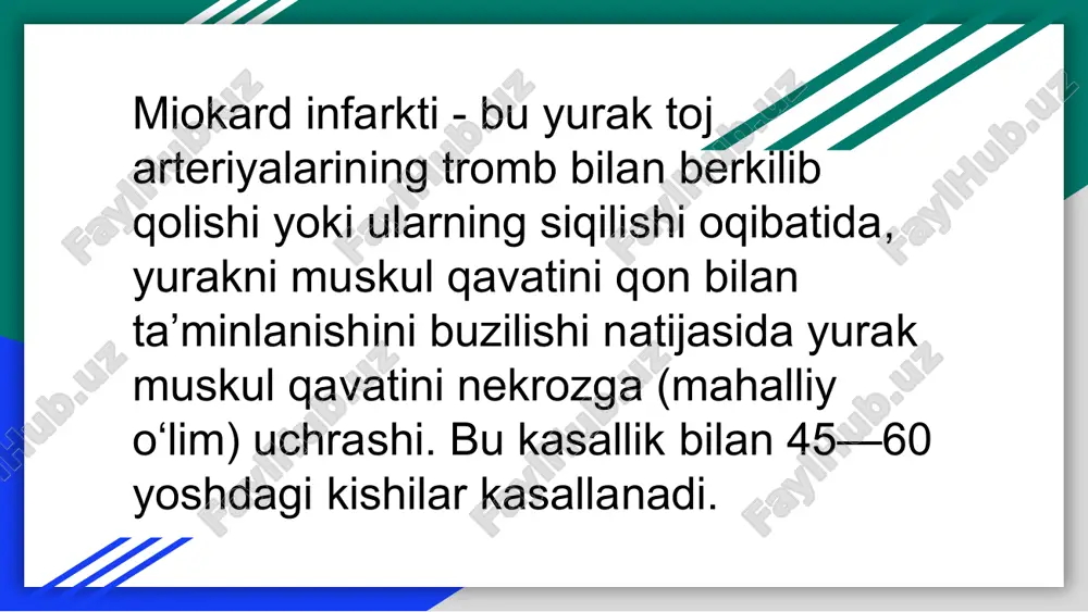 kasalligi belgilari infarktdan oldingi holat. bemorlarning taxminan 45 foizida kuzatiladi, qolganlarida kasallik to'satdan boshlanadi. kasalikning oldini olish chora tadbirlari jismoniy faollikni etarli darajada ushlab turish. harakatchan turmush tarzini olib borish juda muhim, bunda yurak mushagi etarli darajada chiniqadi va jismoniy mashqlar bilan shug'ullanadi.
