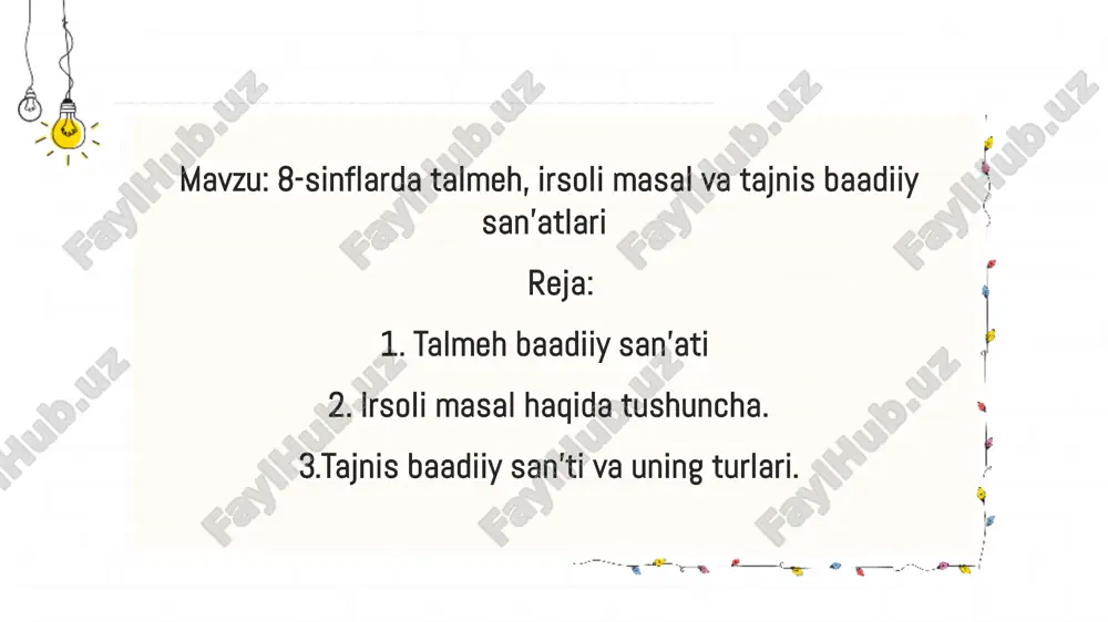 ʻidin yitar. irsoli masal - sheʻrda maqol, matal, hikmatli soʻzlarni muayyan maqsad bilan ishlatish usuli. misollar: xunob ichar vaqtimda xush kelding, koʻngilkim, xalq aro. yaxshi masaldirkim: "kechir yaxshi kishi osh ustina. (ogahiy) tajnis (jinsdosh) - sheʻr baytida maʻno jihatidan har xil, ammo shakli bir xil yoki shaklan bir-biriga yaqin ikki soʻzni keltirib, ular vositasida muayyan fikr, lavha yoki timsolni taʻsirchan ifodalash sanʻati. tajnis (arab. — oʻxshash, shaklan oʻxshash, hamjins, xamshakl) — ogʻzaki va yozma adabiyotdagi badiiy sanʼatlardan. t.da omonimlar nozik soʻz oʻyinlarini ishlatishga imkon beradi. sharq badiiyot ilmida t.ni lafzdoshlik darajasi va imlosiga qarab bir necha turlarga ajratganlar. agar t. birikma lafzdoshligiga asoslangan boʻlsa "tajnisi murakkab" (maye: yoqildi — yo qildi, yozaman—yoza men), agar t.ning tuzilishi bir xil boʻlib, yozilishi har xil boʻlsa "tajnisi lafz" deb atalgan. oʻzbek adabiyotida t.ni sheʼriy sanʼat sifatida ishlatishning 7 turi borligi qayd etilgan. u, ayniqsa, yozma sheʼriyatning deyarli barcha janrlarida badiiylikni yuzaga keltirish, soʻz …